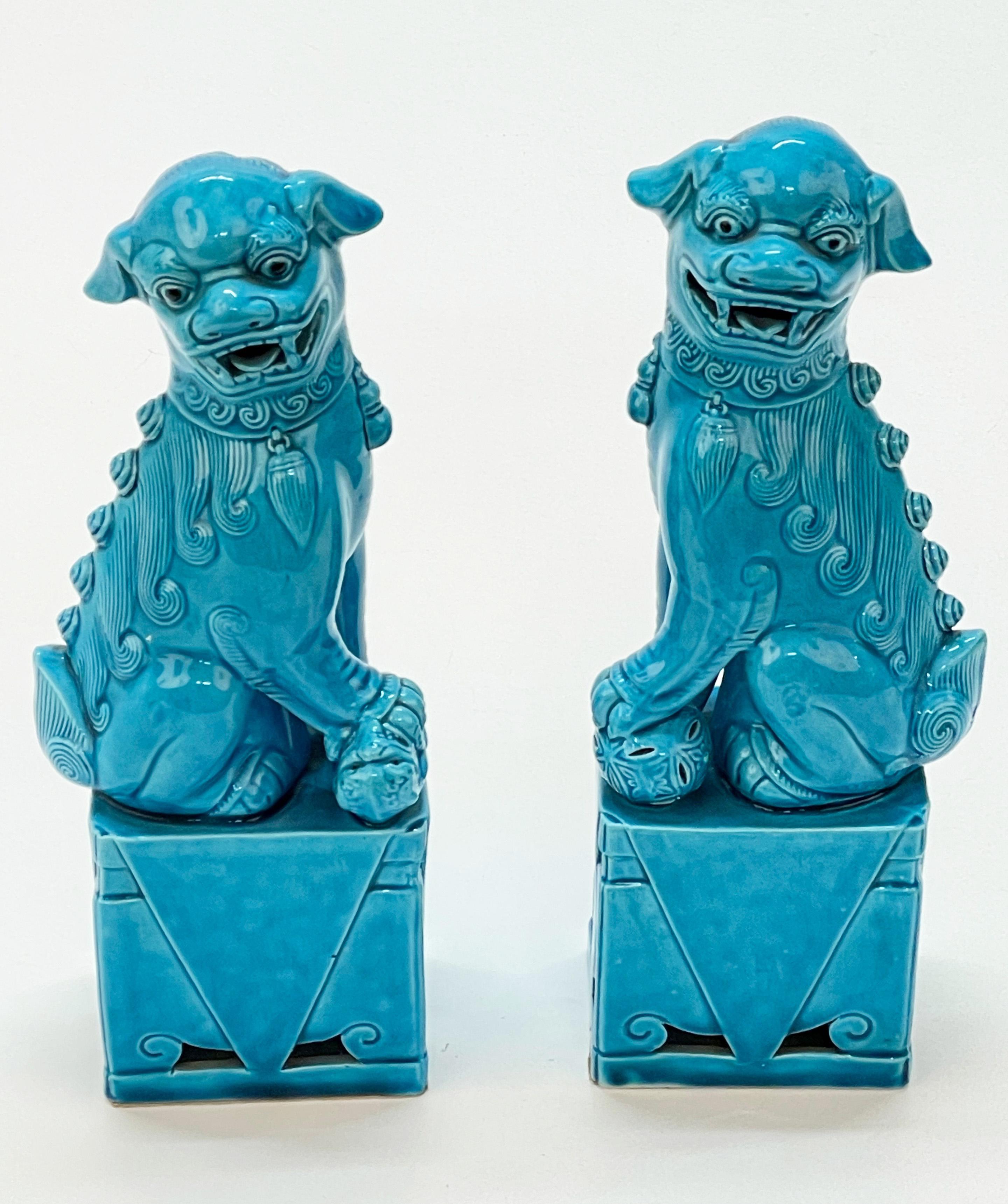 Pair of Massive Mid-Century Turquoise Blue Ceramic Foo Dogs Sculptures 1960s 7