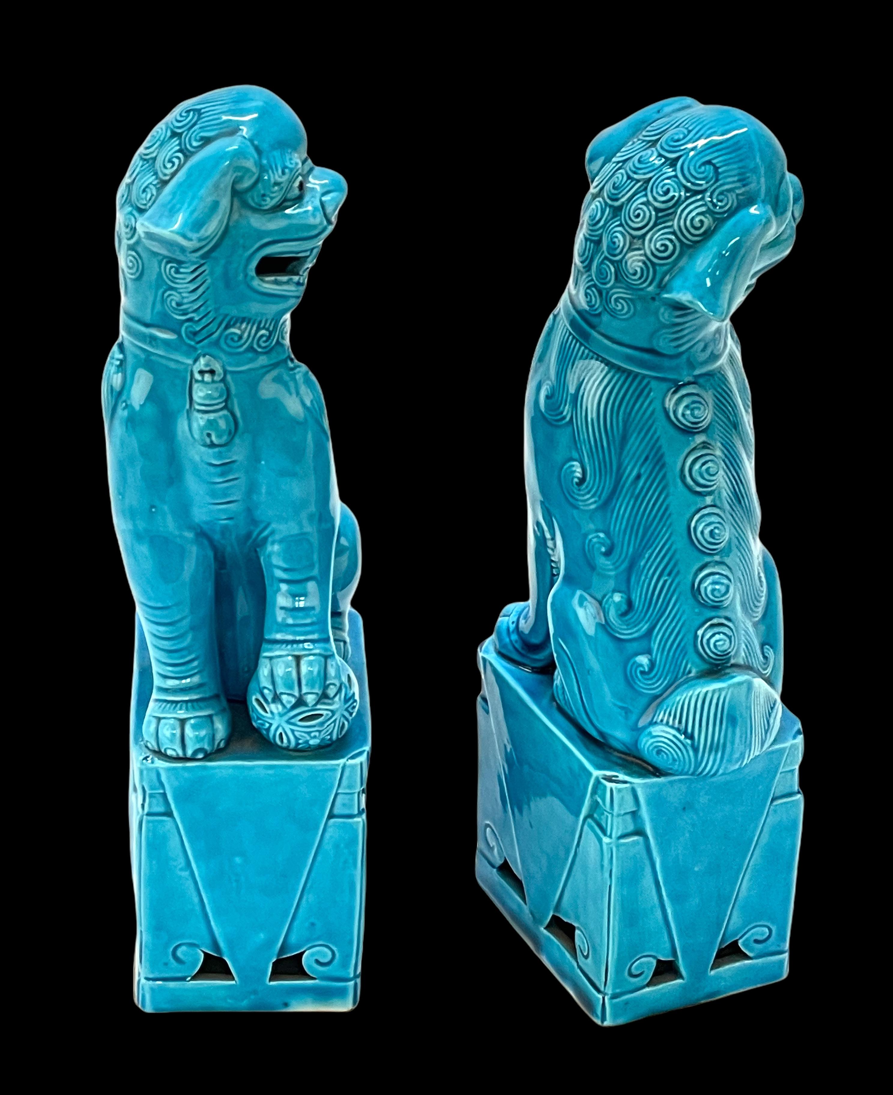Pair of Massive Mid-Century Turquoise Blue Ceramic Foo Dogs Sculptures 1960s 8