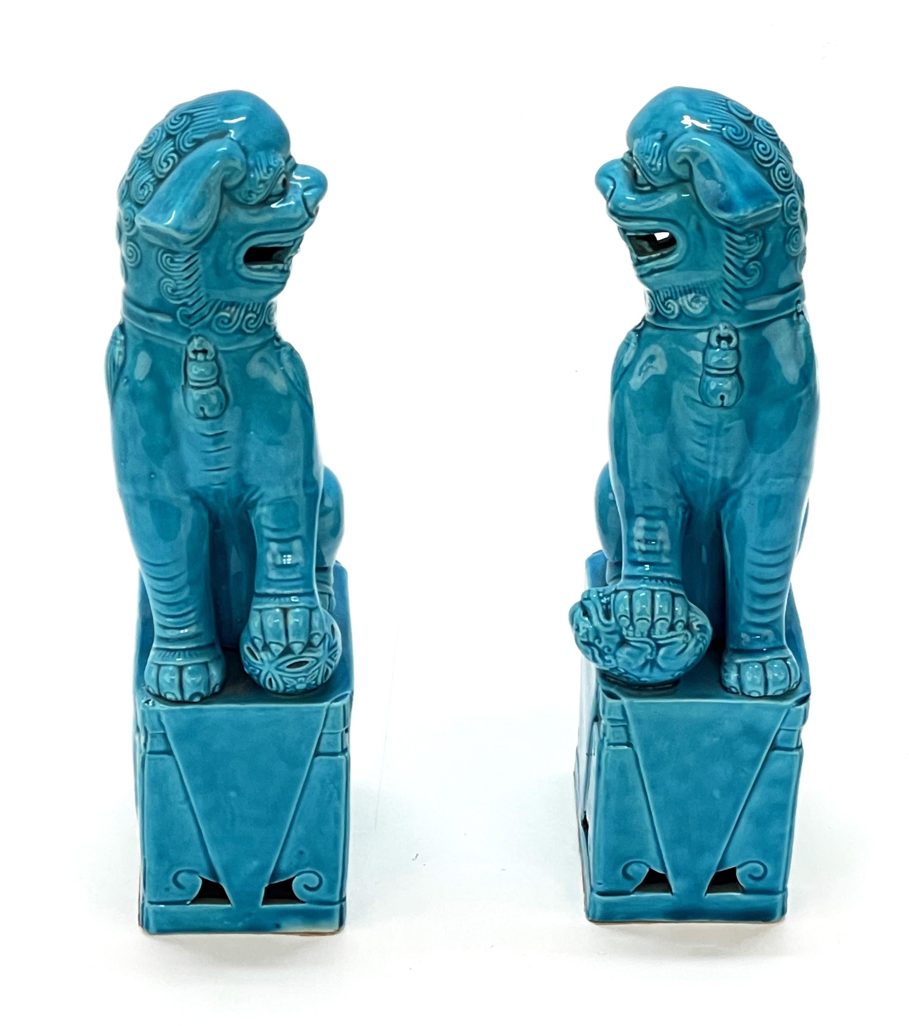 Pair of Massive Mid-Century Turquoise Blue Ceramic Foo Dogs Sculptures 1960s 9
