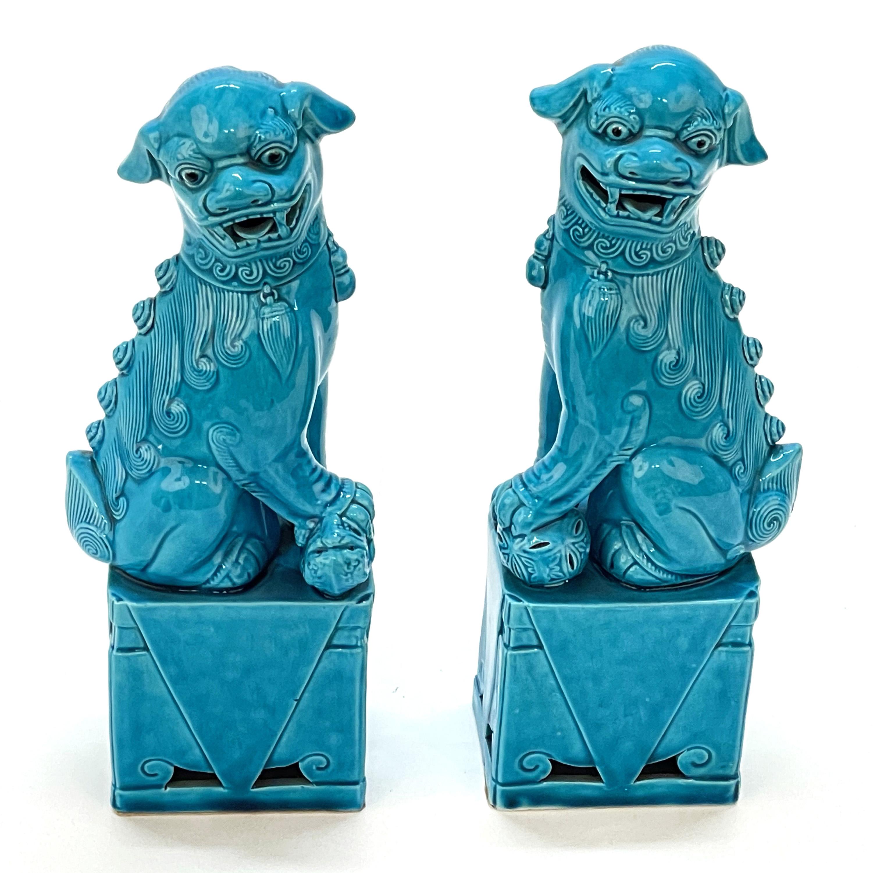 Pair of Massive Mid-Century Turquoise Blue Ceramic Foo Dogs Sculptures 1960s 10