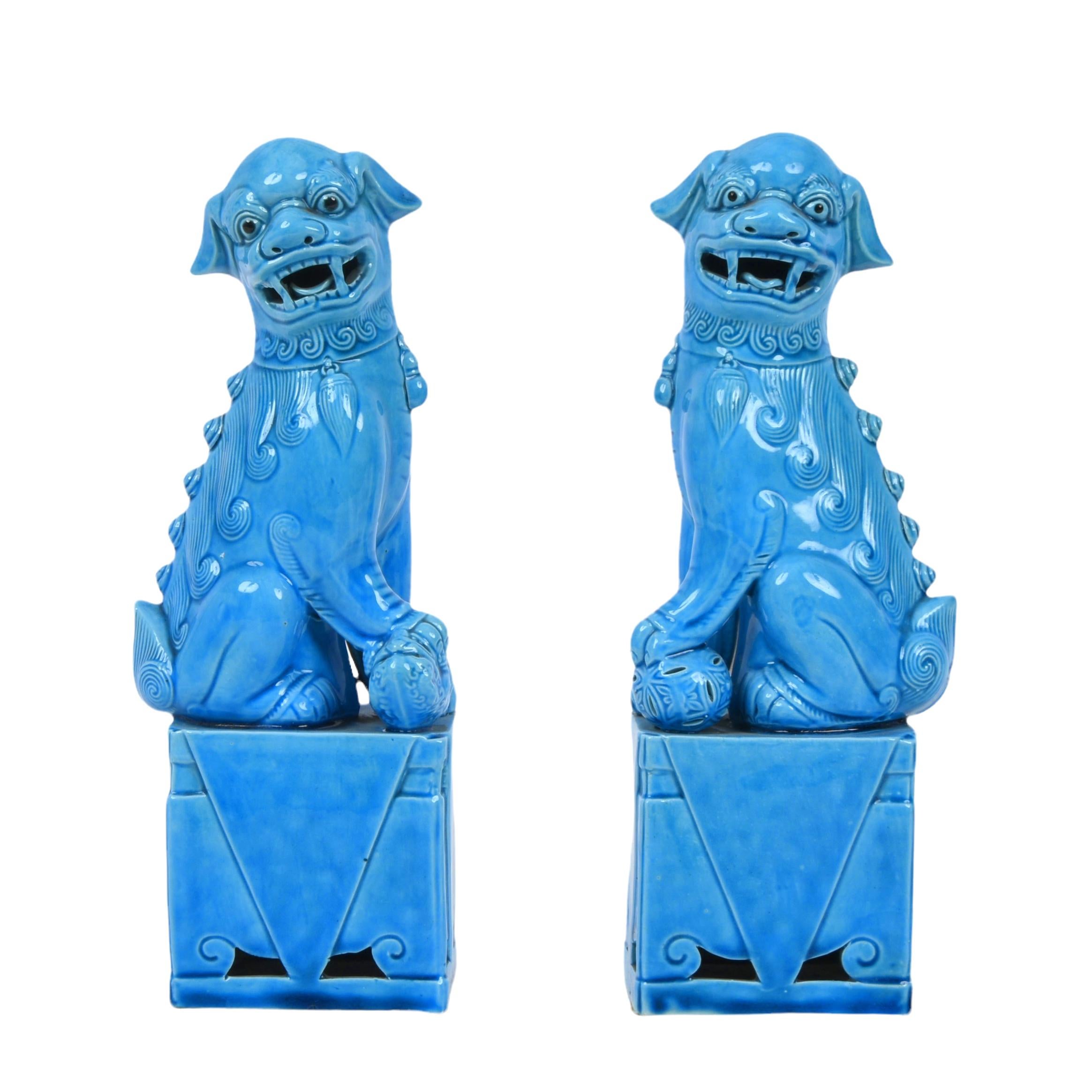 Pair of Massive Mid-Century Turquoise Blue Ceramic Foo Dogs Sculptures 1960s 12