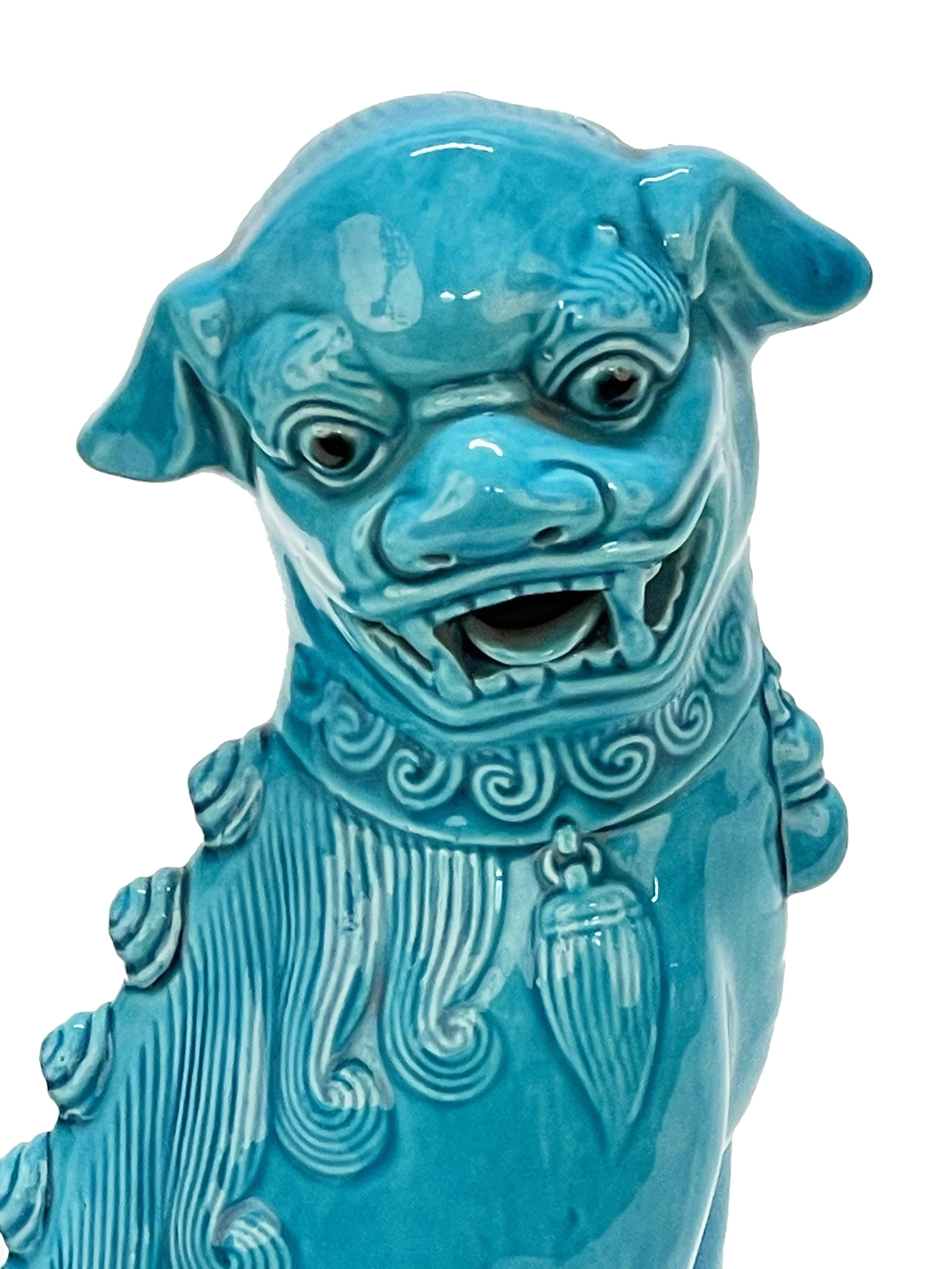 Chinese Pair of Massive Mid-Century Turquoise Blue Ceramic Foo Dogs Sculptures 1960s