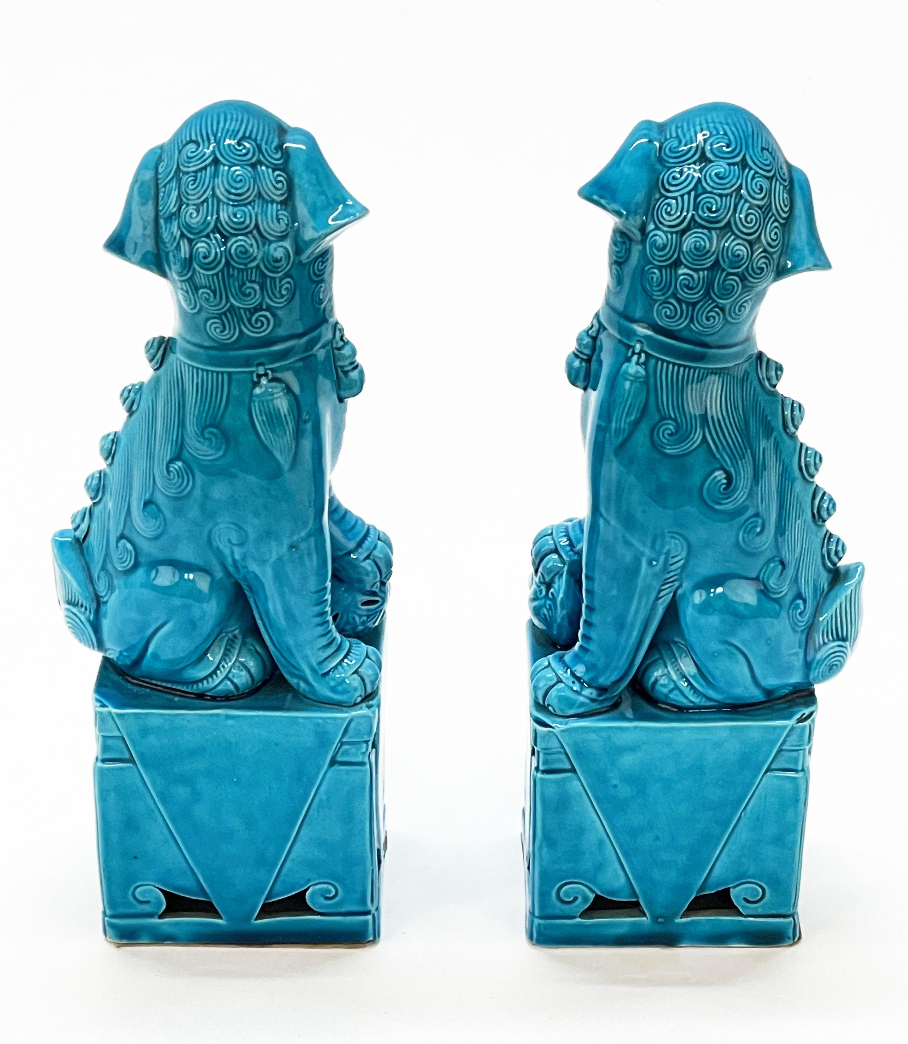 Glazed Pair of Massive Mid-Century Turquoise Blue Ceramic Foo Dogs Sculptures 1960s