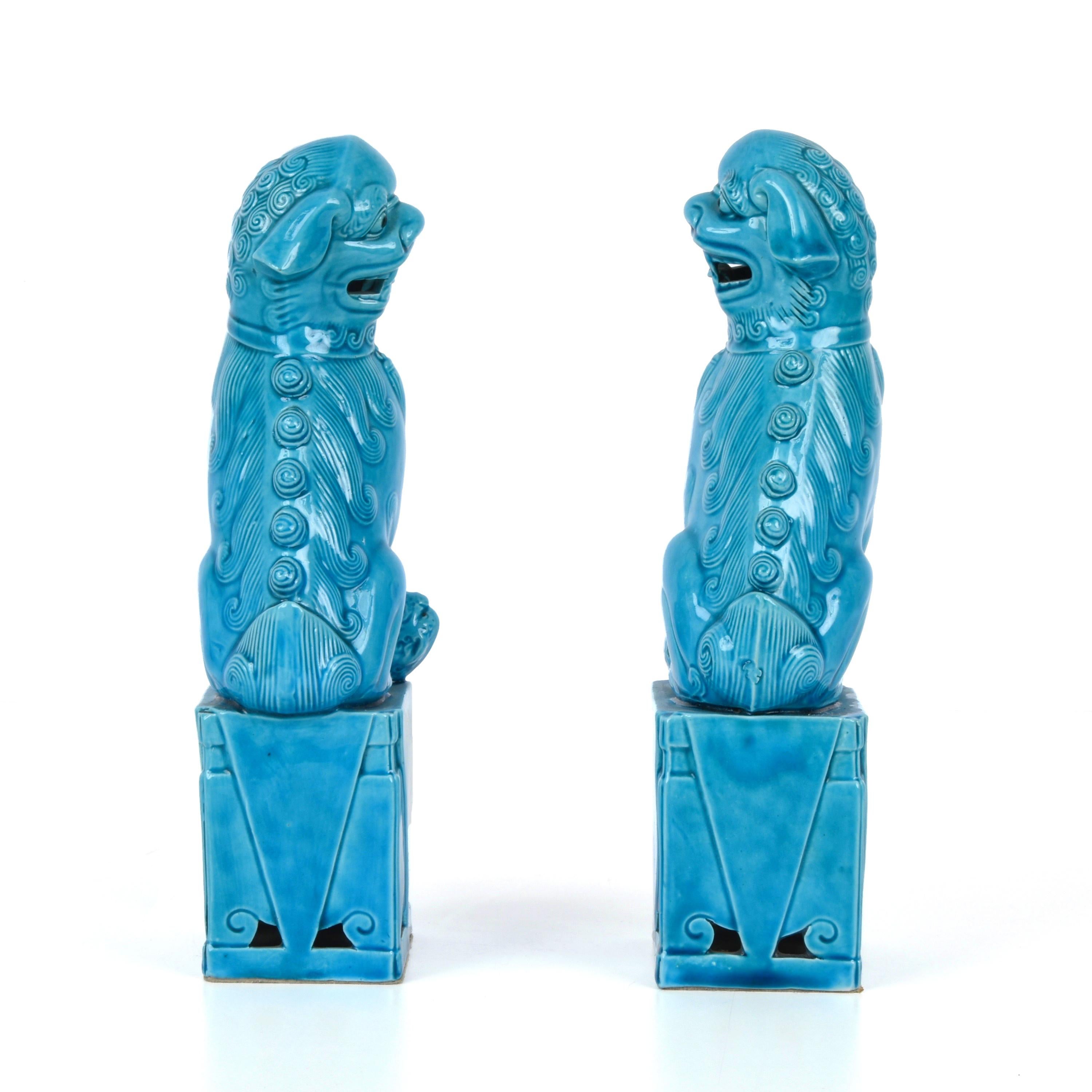 Pair of Massive Mid-Century Turquoise Blue Ceramic Foo Dogs Sculptures 1960s 1