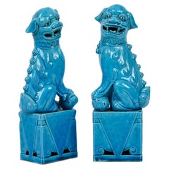 Pair of Massive Mid-Century Turquoise Blue Ceramic Foo Dogs Sculptures 1960s