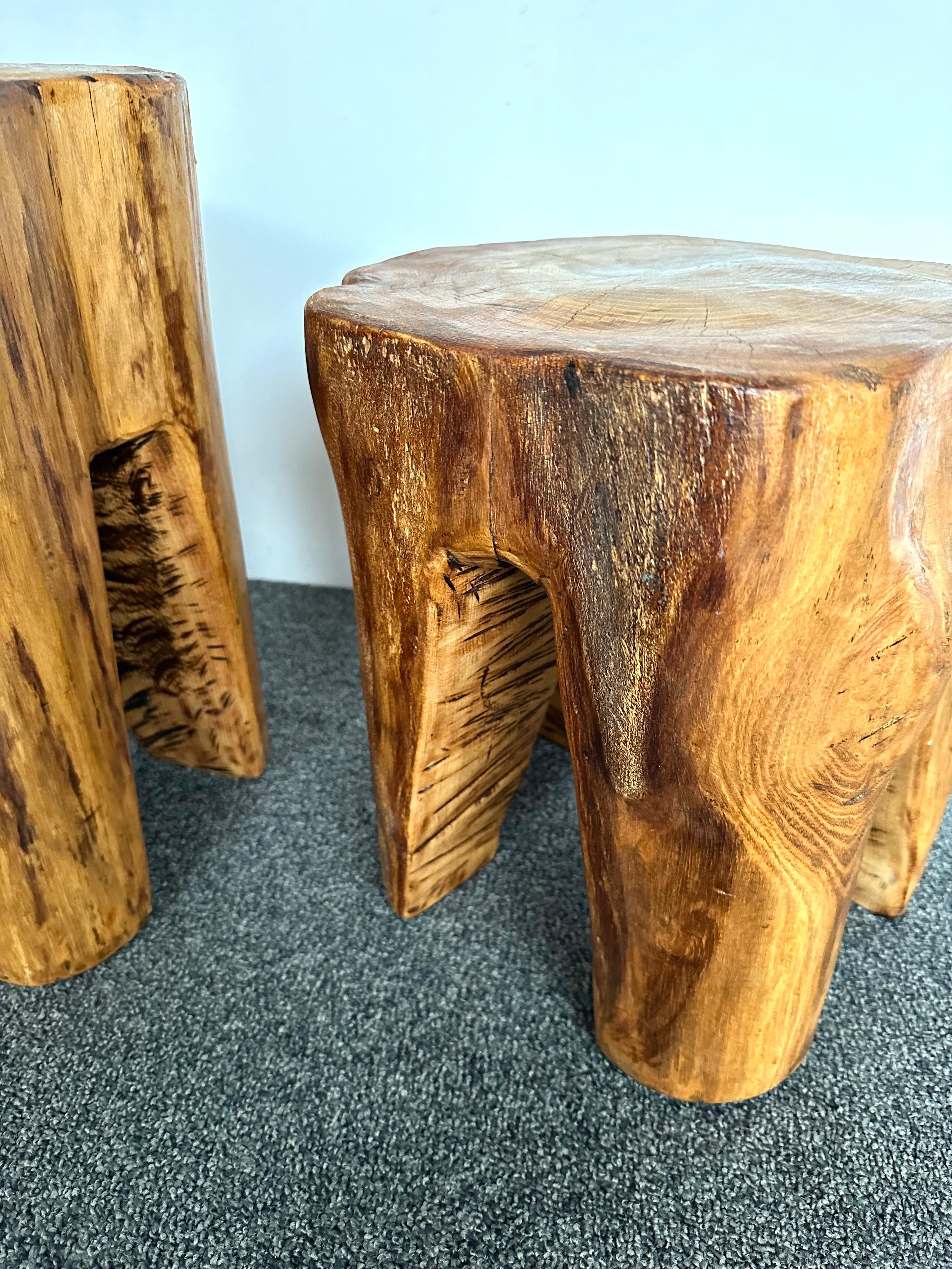 Brutalist Pair of Massive Walnut Wood Side Tables. France, 1960s For Sale