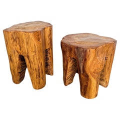 Vintage Pair of Massive Walnut Wood Side Tables. France, 1960s