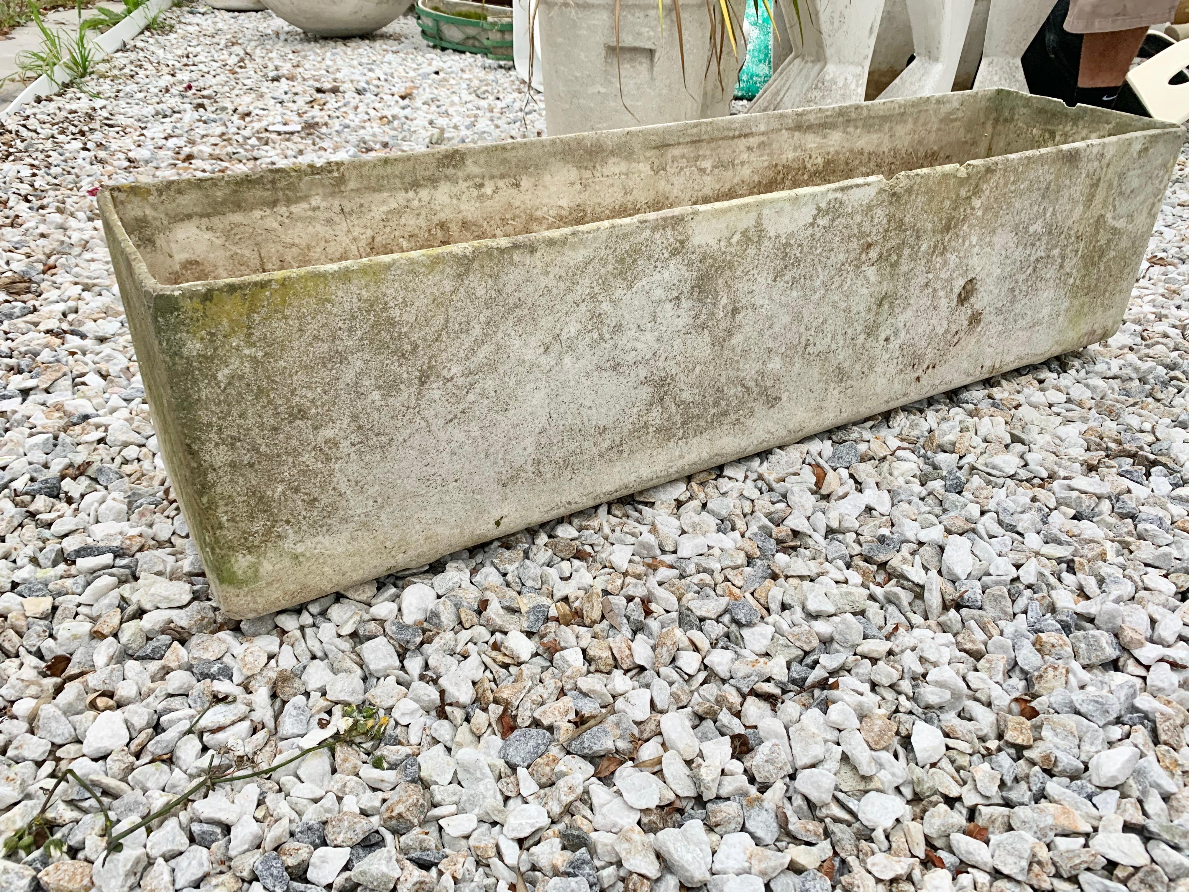 Great matching pair of massive rectangular planter by Swiss architect Willy Guhl for Eternit. Over four feet long. Great lines and clean design. Good vintage condition. Years of patina from being left outside in French winters. Perfect for narrow
