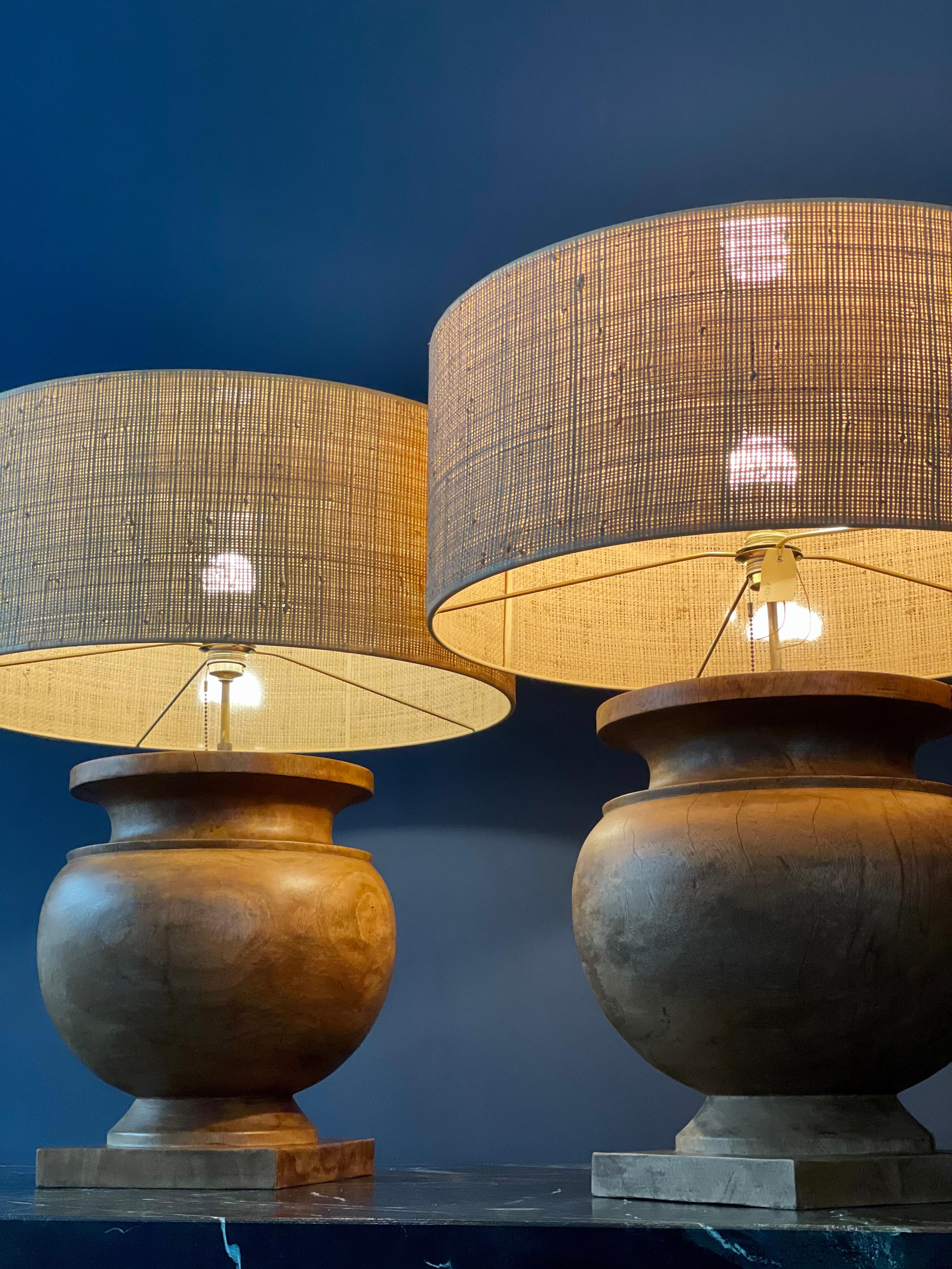 French Pair of Massive Wooden Table Lamps with Raffia Shade, France