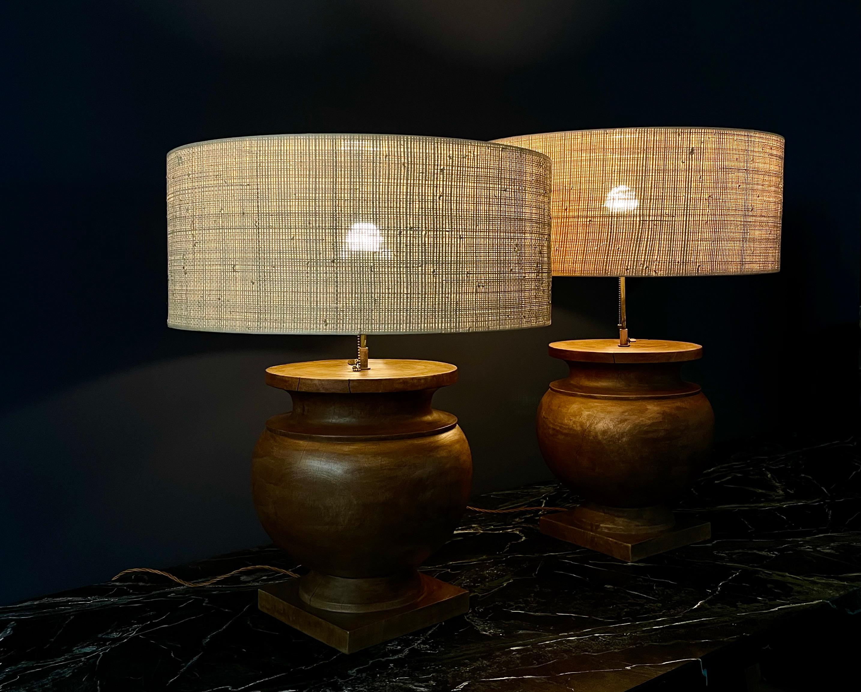 Pair of Massive Wooden Table Lamps with Raffia Shade, France In Good Condition In Munich, DE