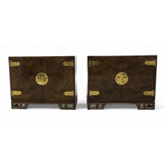 Pair of Mastercraft Asian Style Cabinets With Burl and Brass