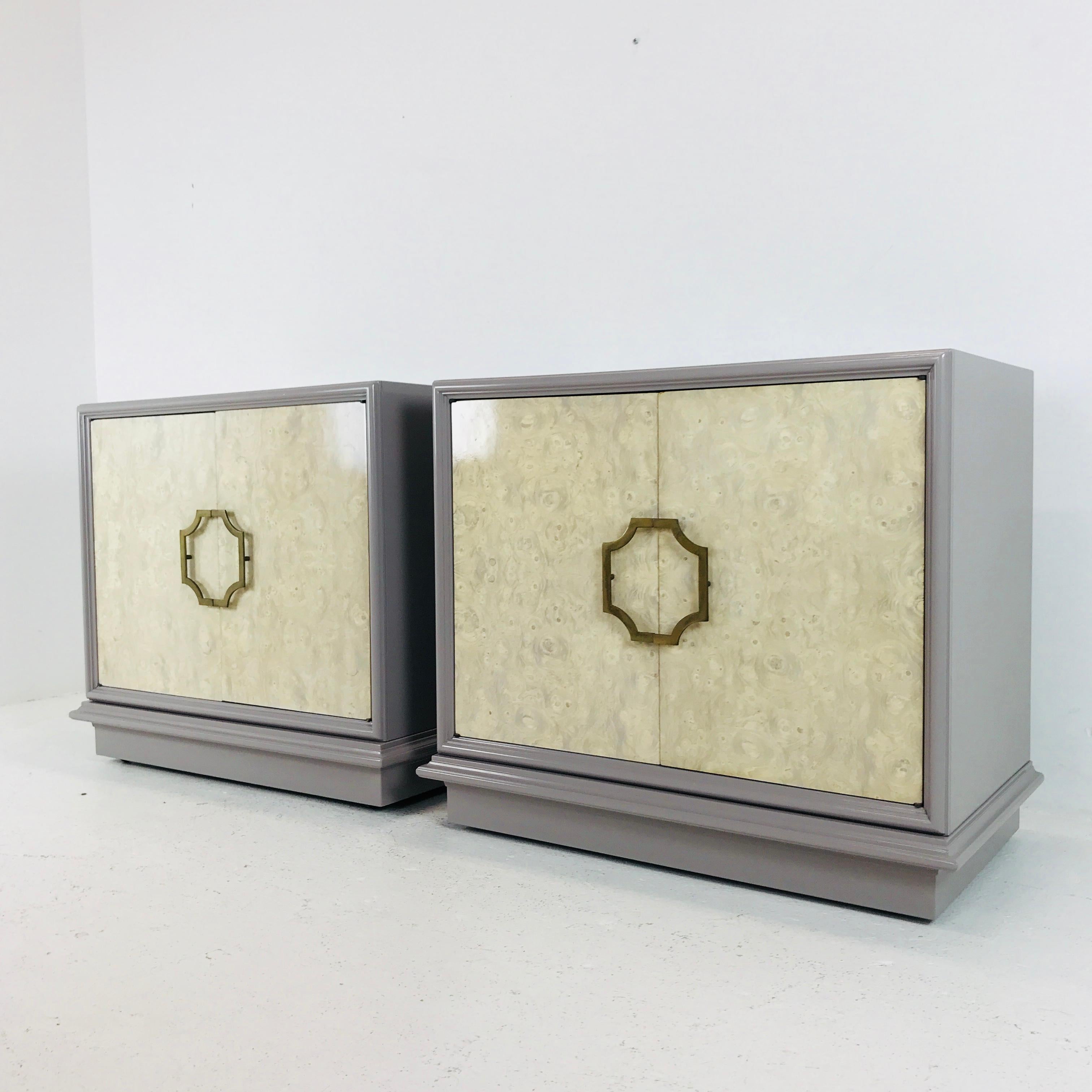 Pair of Mastercraft bachelor burl and lacquer cabinets. The burl wood has been bleached and the cabinets have a beautiful new lacquer finish. Perfect for the bedroom to use and nightstands.

Dimensions:
33