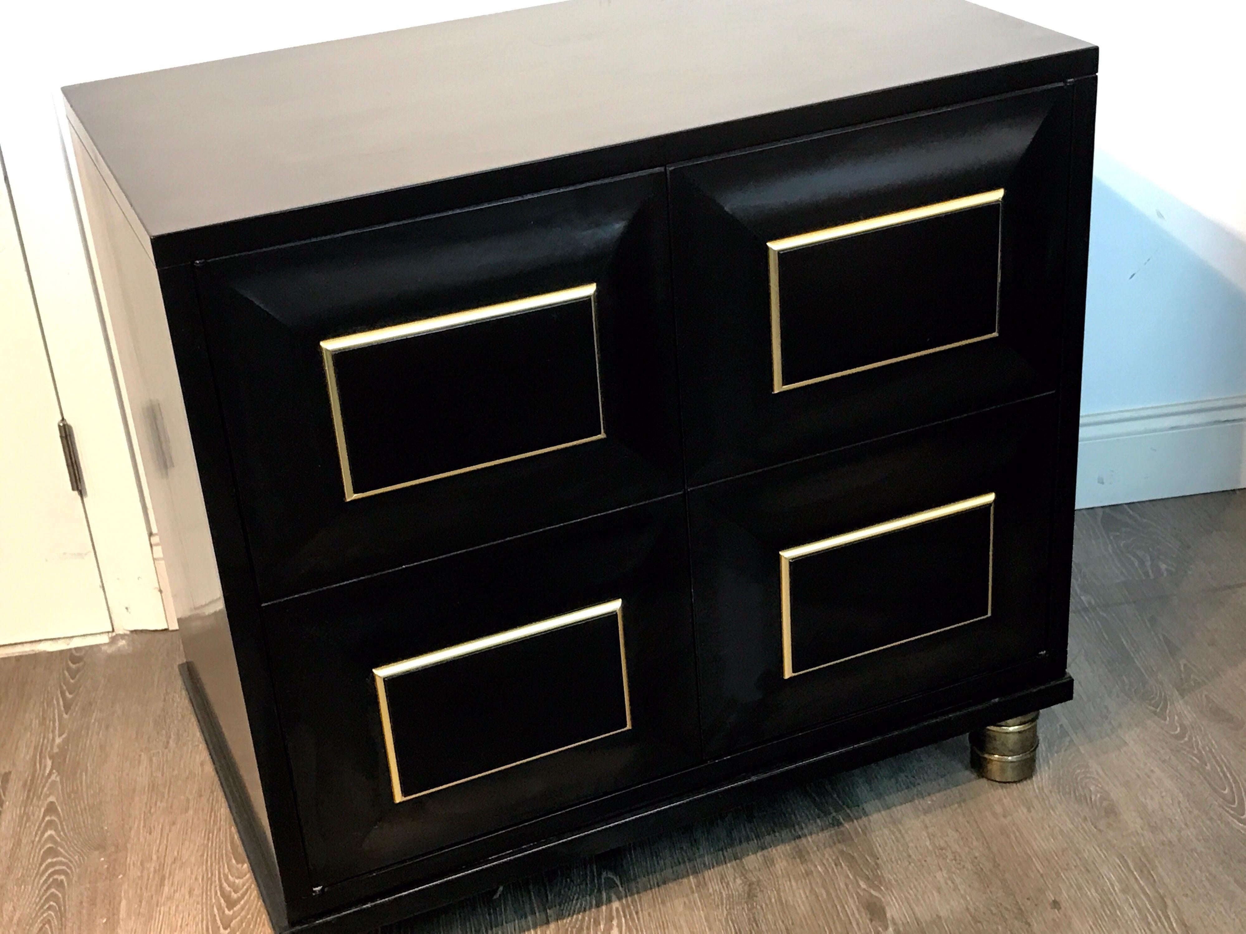 Pair of Mastercraft Black Lacquer and Brass Block Front Cabinets 3