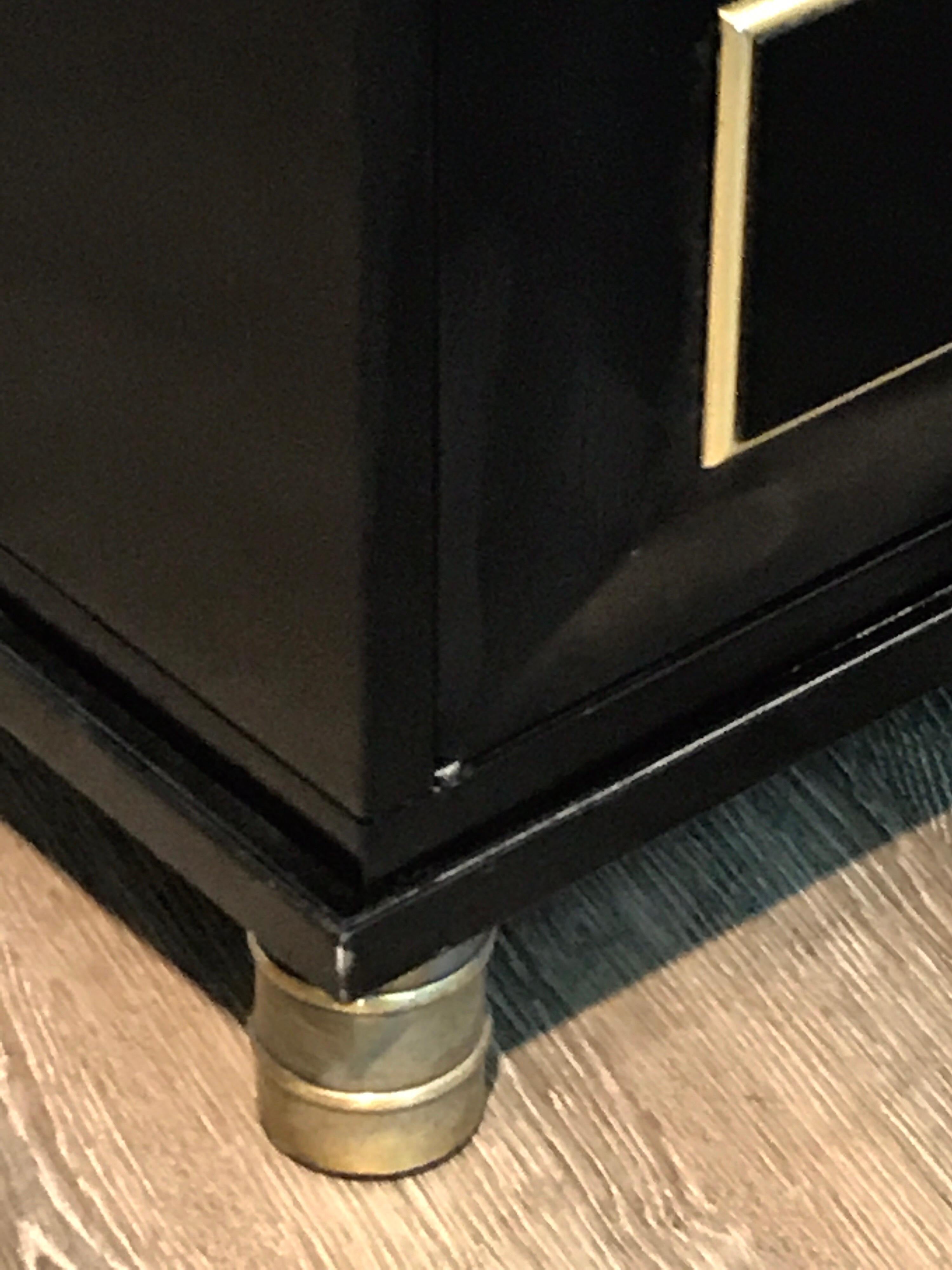 Pair of Mastercraft Black Lacquer and Brass Block Front Cabinets 4