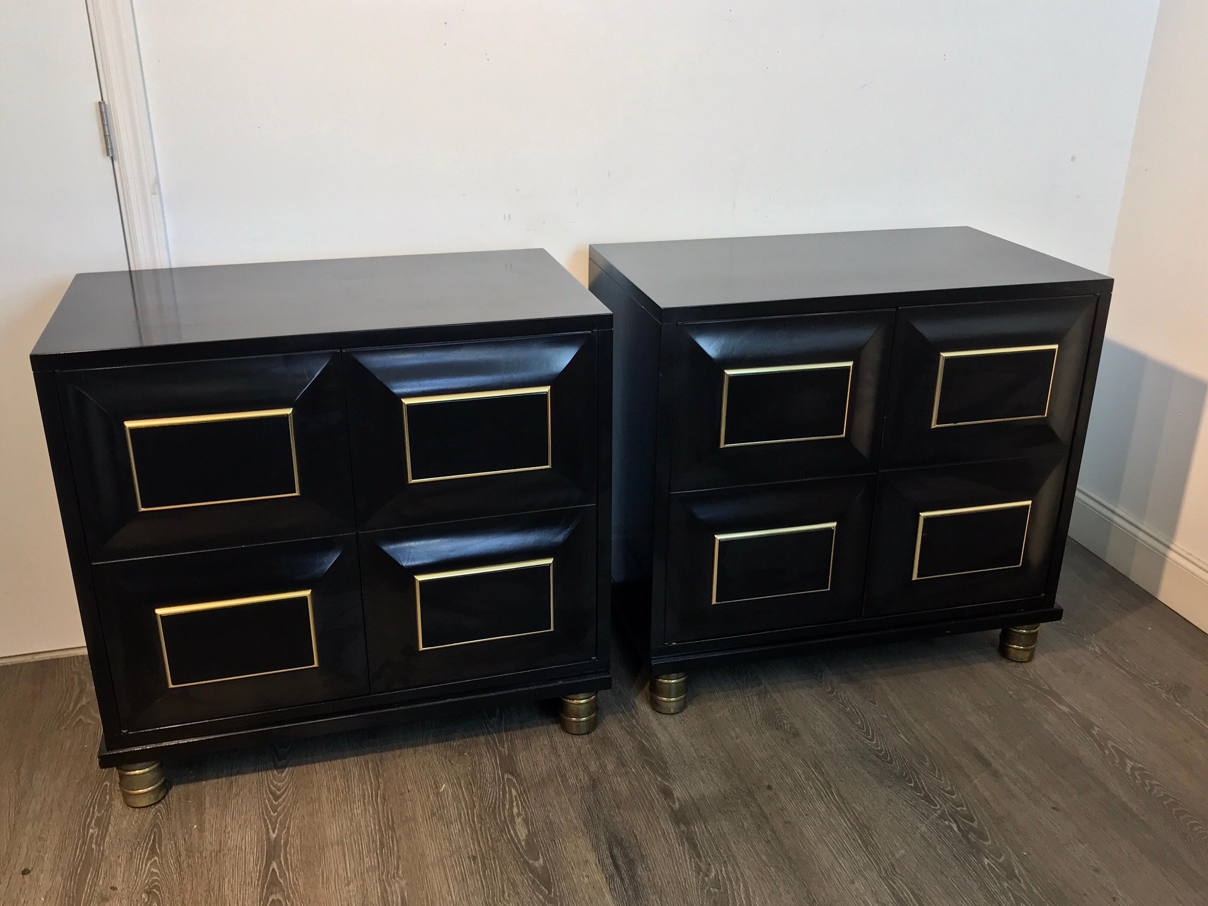 Pair of Mastercraft Black Lacquer and Brass Block Front Cabinets 5