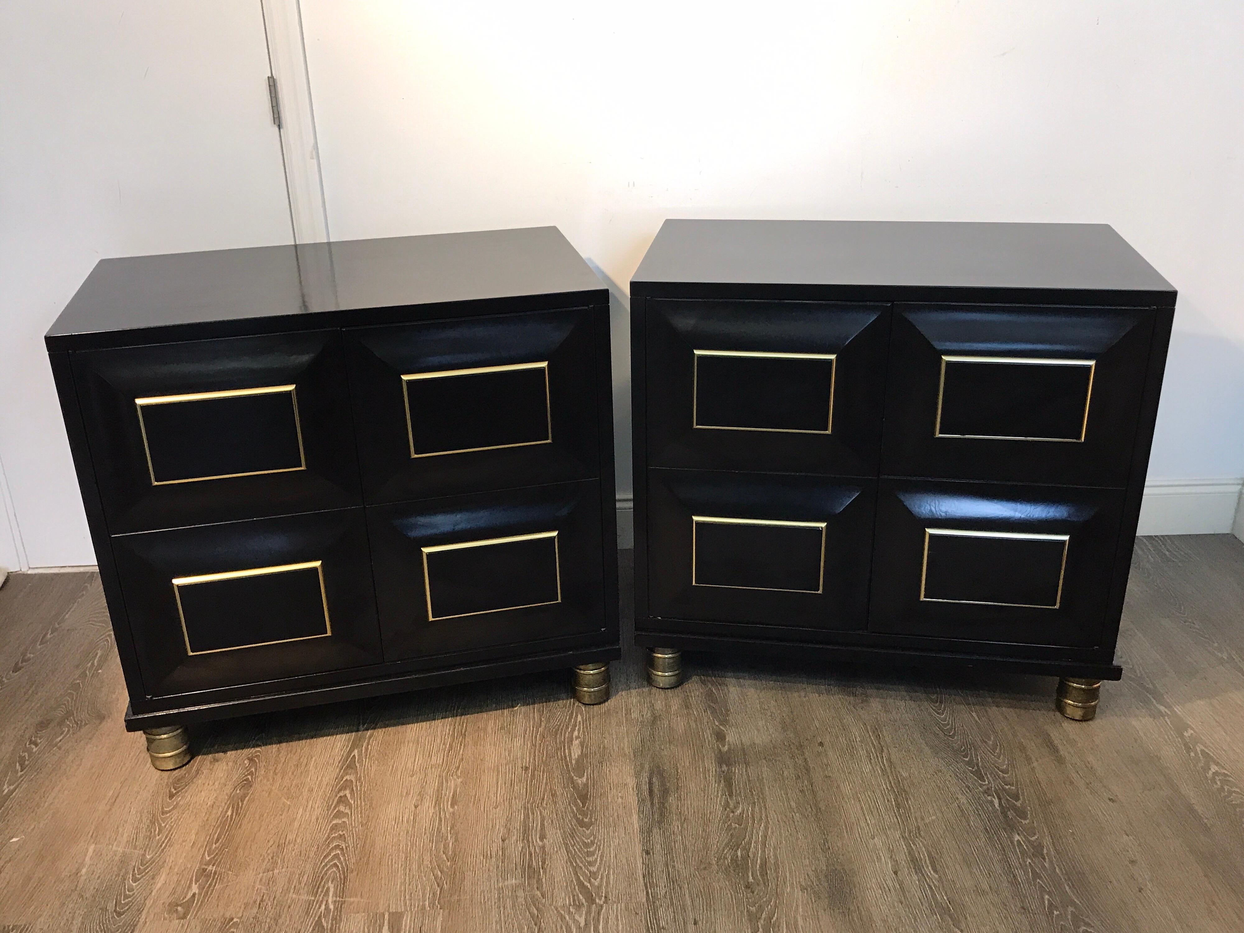 Pair of mastercraft black lacquer and brass block front cabinets, each one fitted with two doors, revealing an interior fitted with one 5