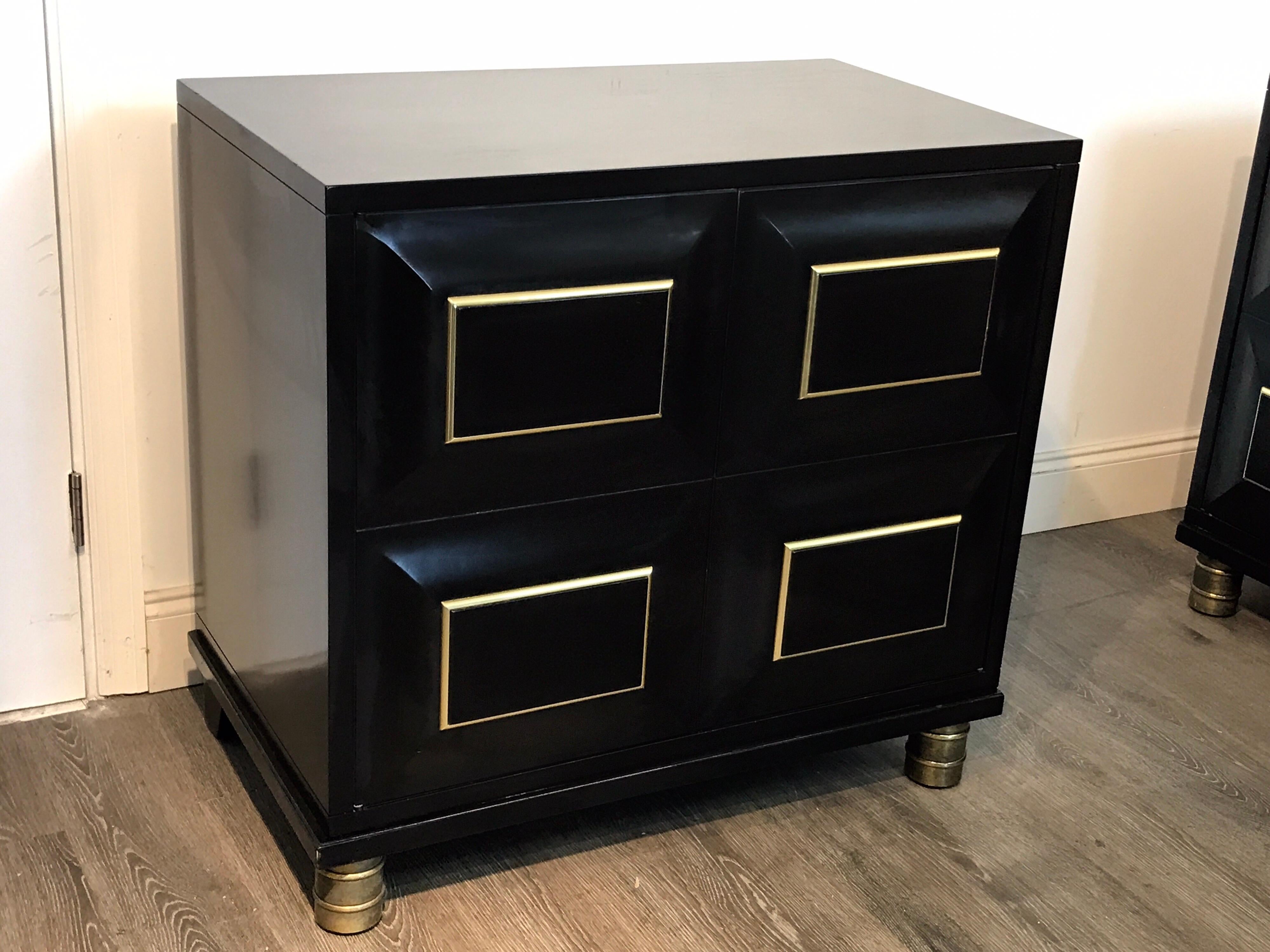 American Pair of Mastercraft Black Lacquer and Brass Block Front Cabinets