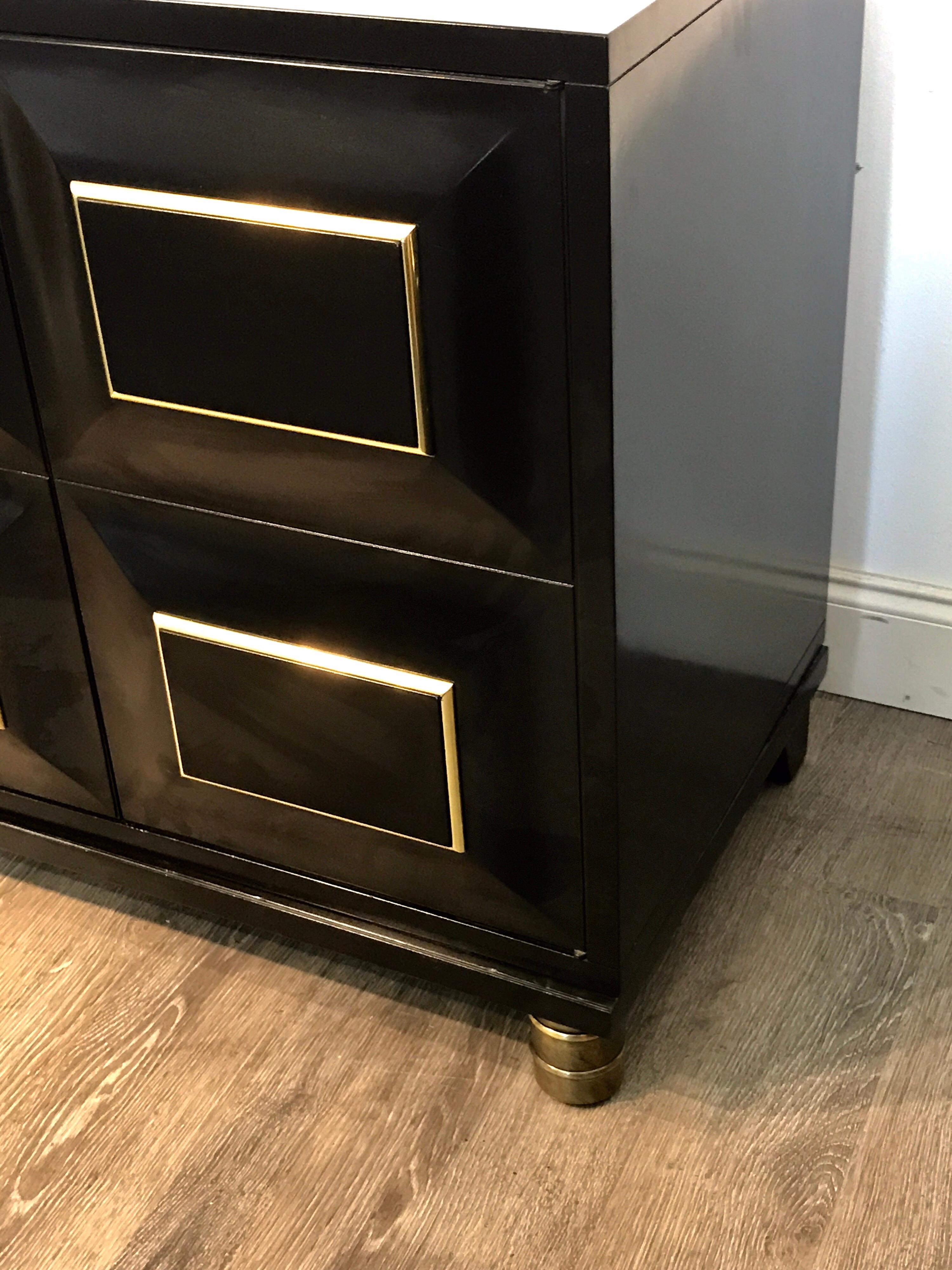 Lacquered Pair of Mastercraft Black Lacquer and Brass Block Front Cabinets
