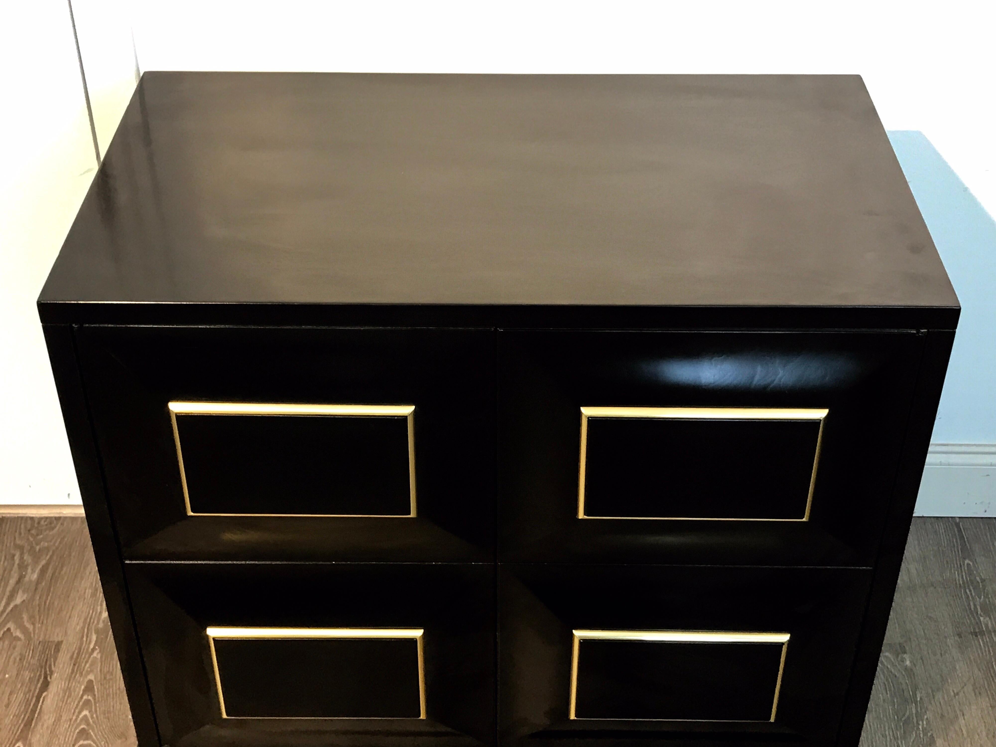 Pair of Mastercraft Black Lacquer and Brass Block Front Cabinets In Good Condition In West Palm Beach, FL