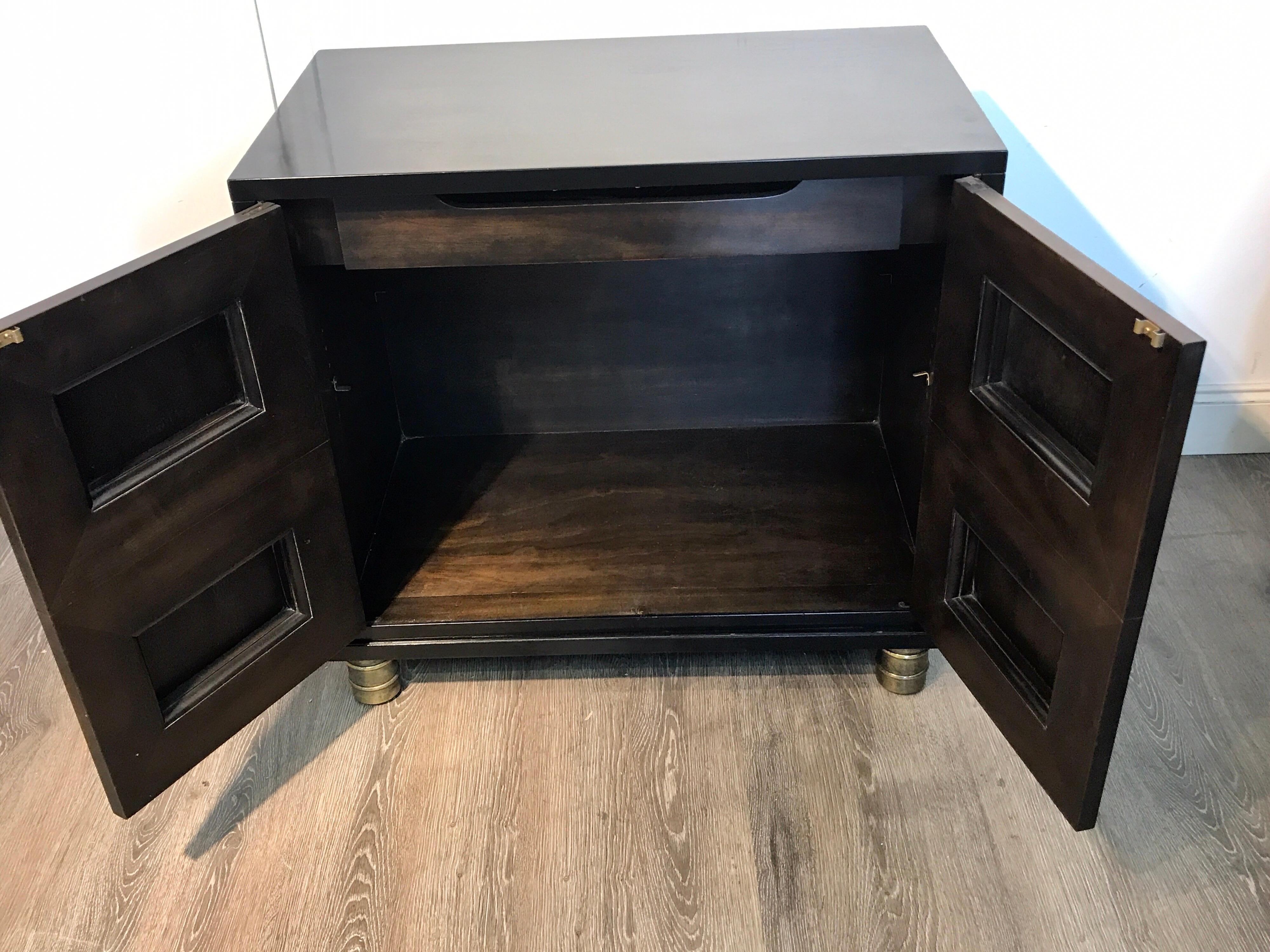 20th Century Pair of Mastercraft Black Lacquer and Brass Block Front Cabinets