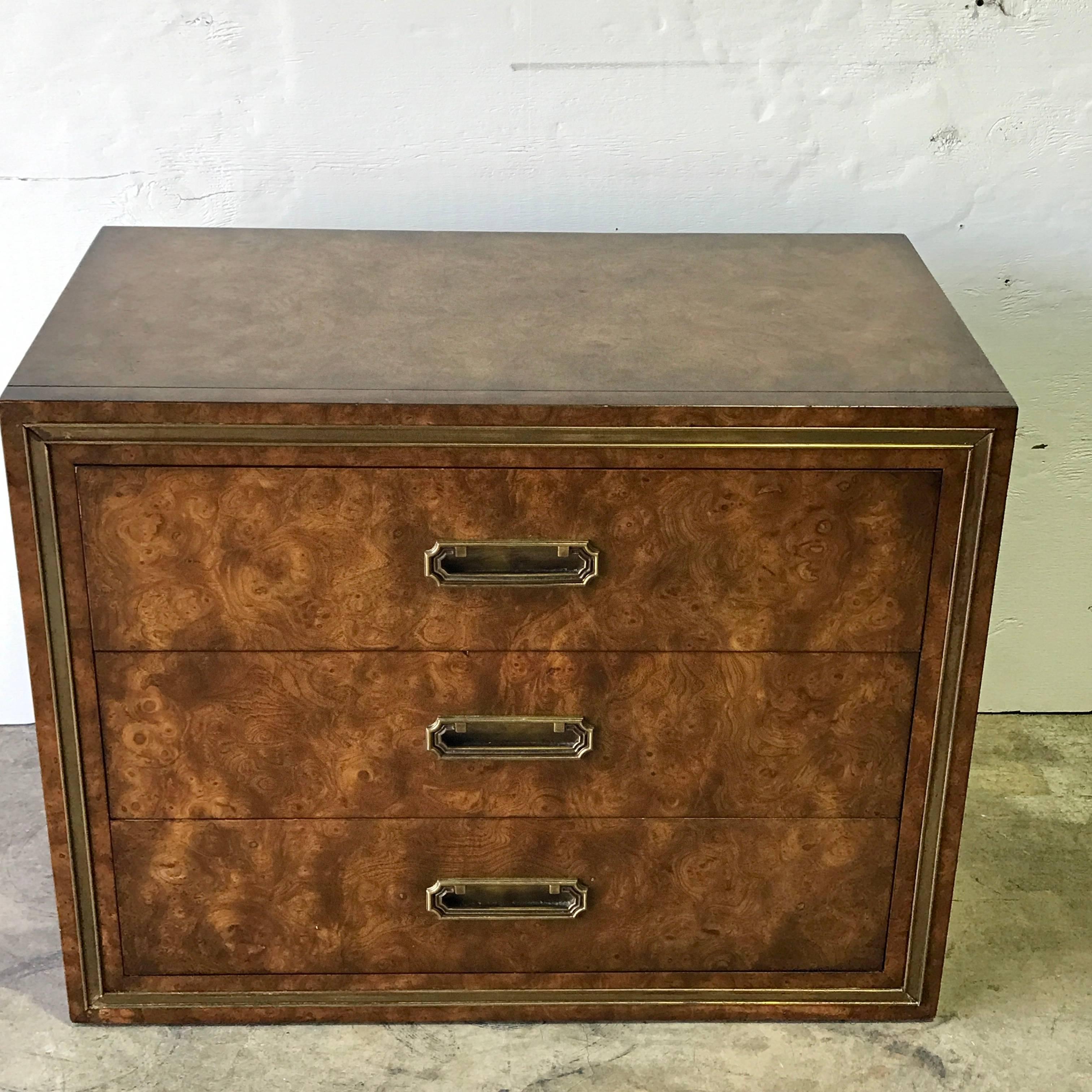 Pair of Mastercraft burl and brass chests or nightstands, by Bernhard Rhone, each one fitted with three 28.5