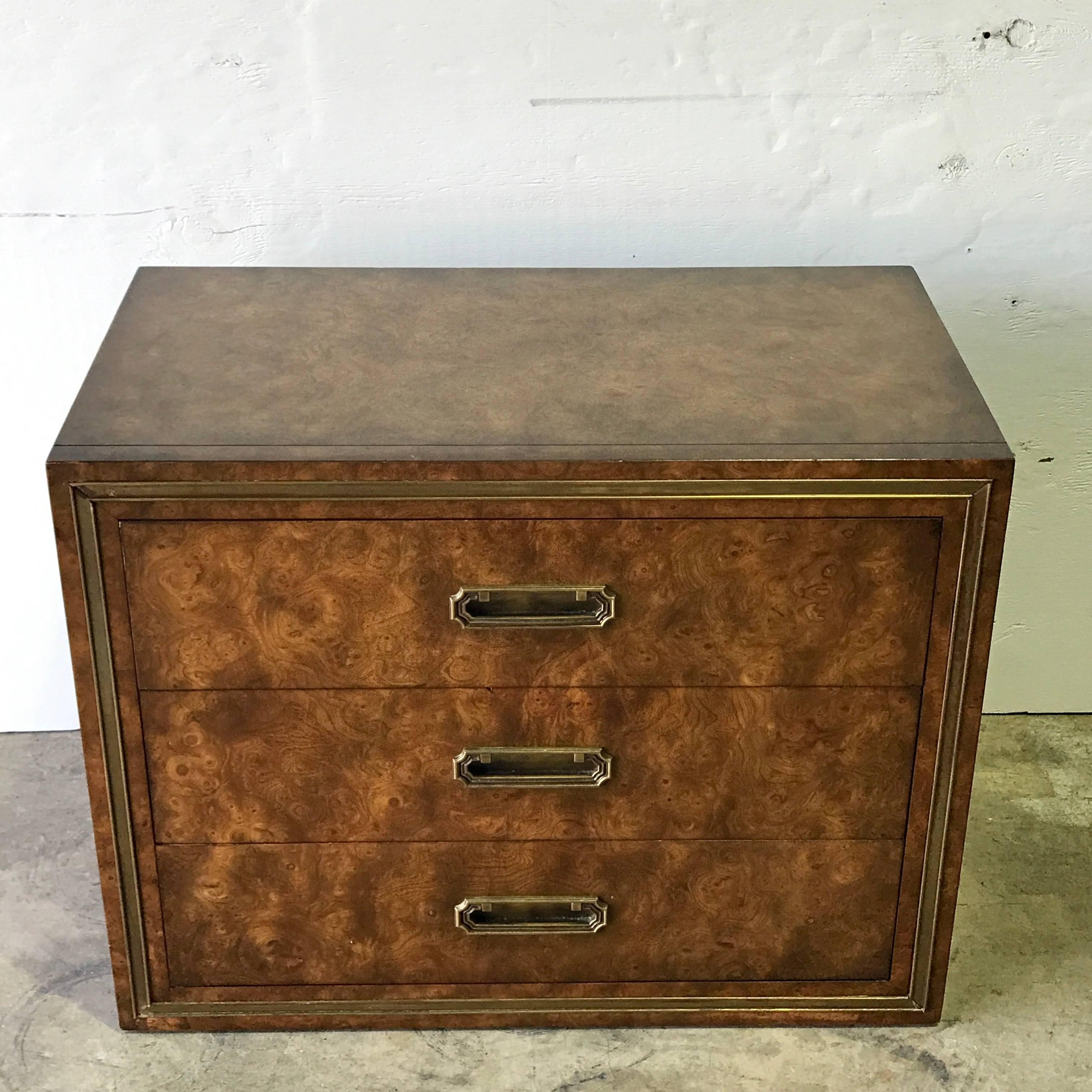 Mid-Century Modern Pair of Mastercraft Burl and Brass Chests or Nightstands by Bernhard Rhone