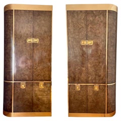 Pair of Mastercraft Burl & Brass Curved China Cabinets - Left & Right