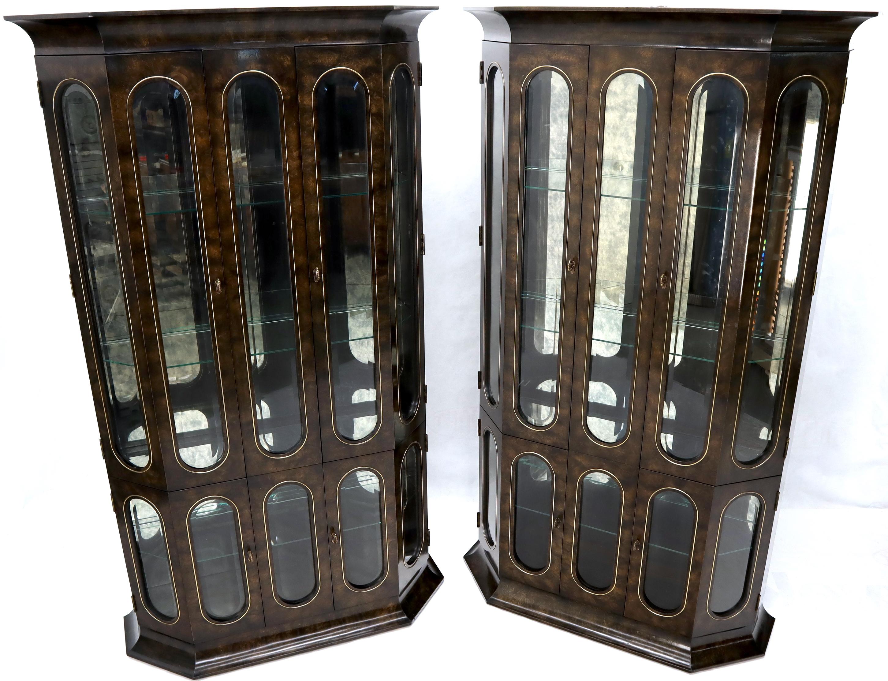 Mid-Century Modern Pair of Mastercraft Burlwood and Glass Curio Display Cabinets Vitrines Etageres