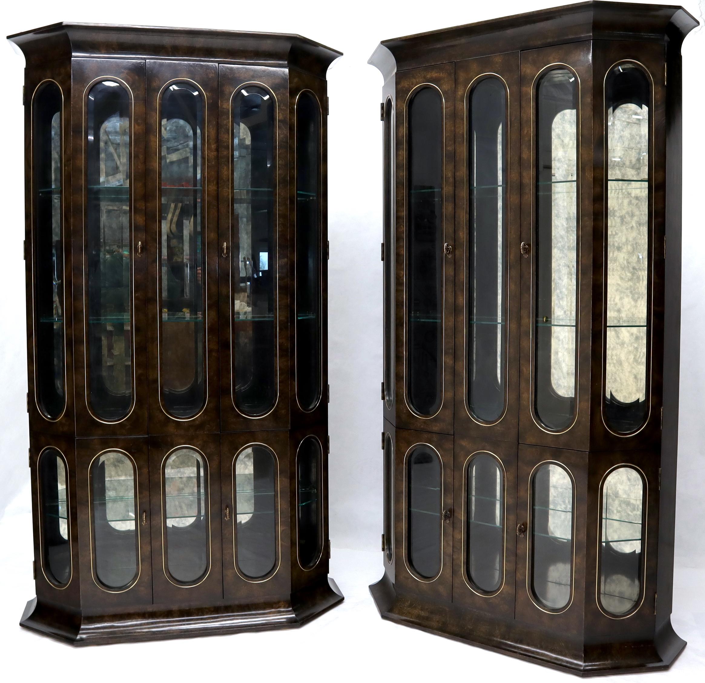 American Pair of Mastercraft Burlwood and Glass Curio Display Cabinets Vitrines Etageres