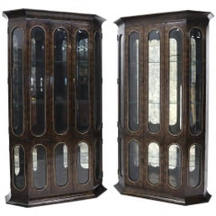 Pair of Mastercraft Burlwood and Glass Curio Display Cabinets Vitrines Etageres