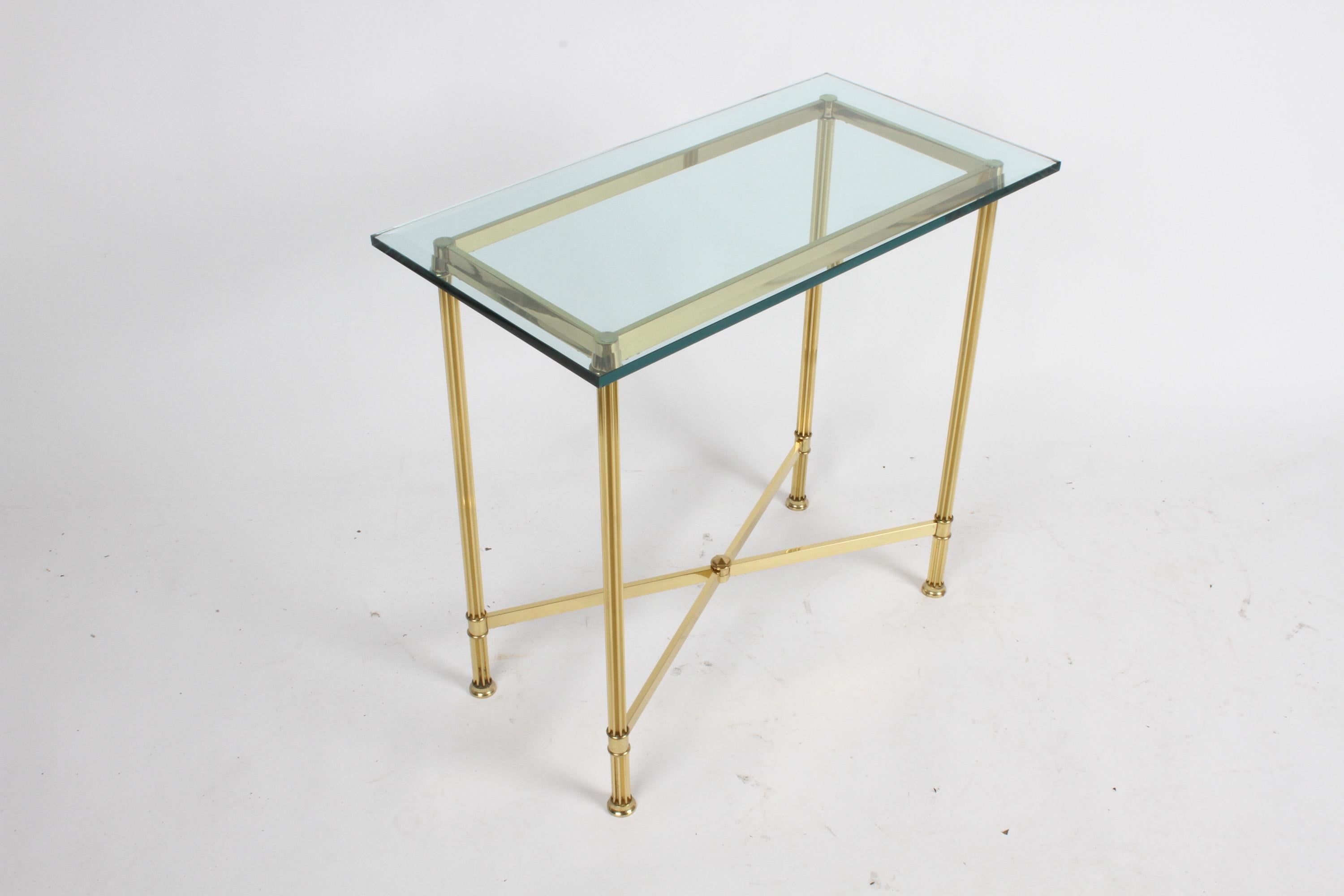 Pair of Mastercraft Hollywood Regency Fluted Brass and Glass Console Tables 4