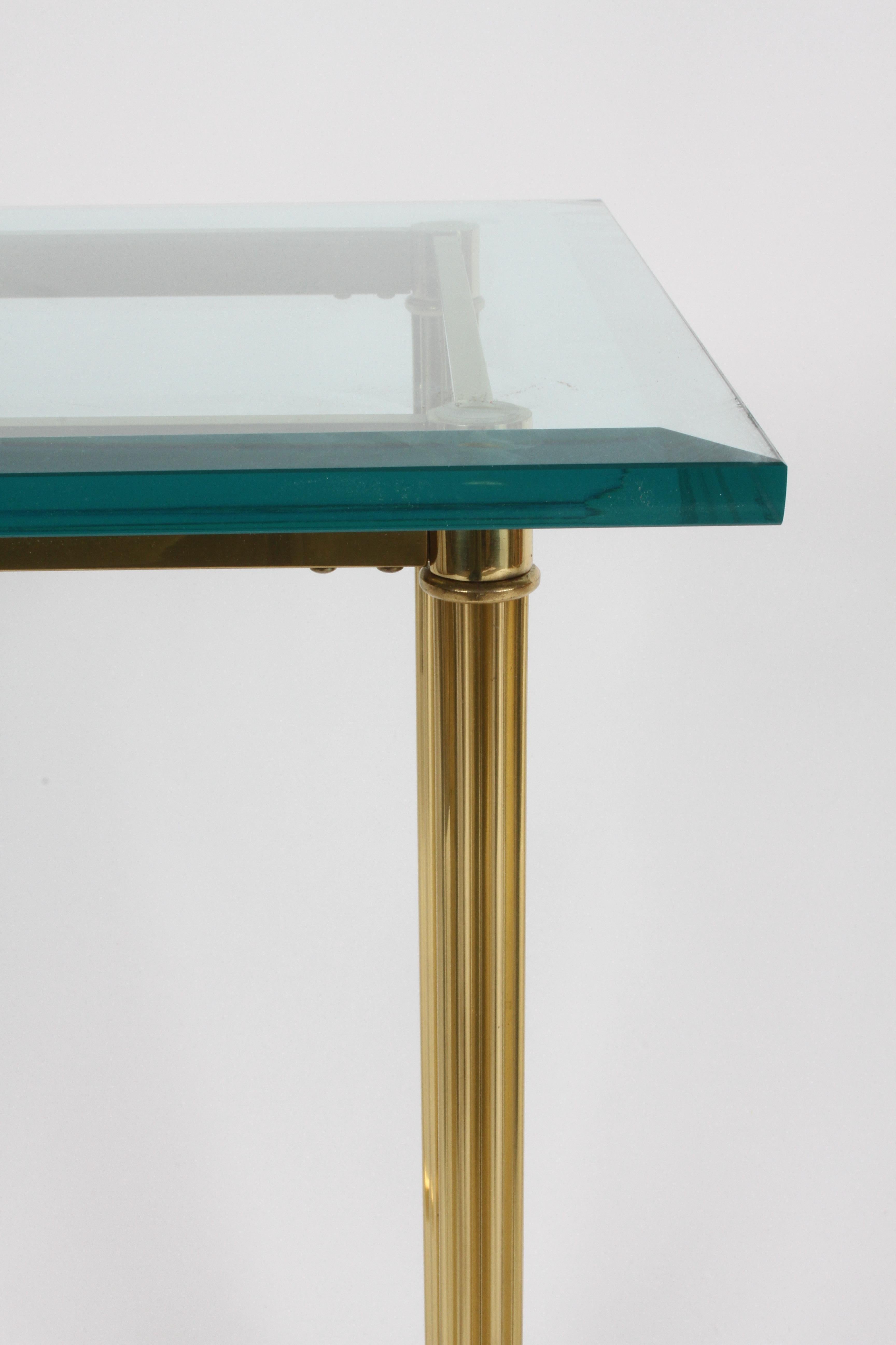 Late 20th Century Pair of Mastercraft Hollywood Regency Fluted Brass and Glass Console Tables