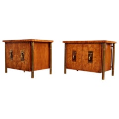Pair of Mastercraft Nightstand End Tables Hollywood Regency Burl Wood and Brass