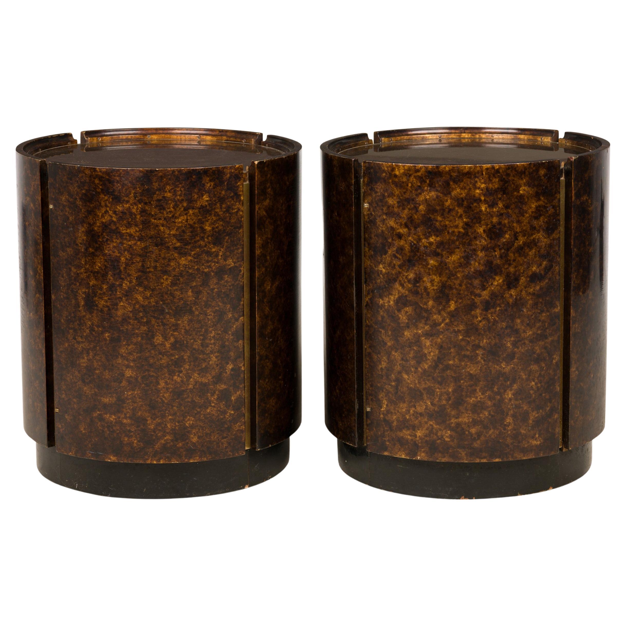 Pair of Mastercraft Oil Drop Lacquer Drum End / Side Tables For Sale