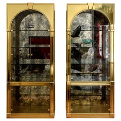 Pair of Mastercraft Palladian Style Brass and Glass Vitrines or Dry Bar Cabinets