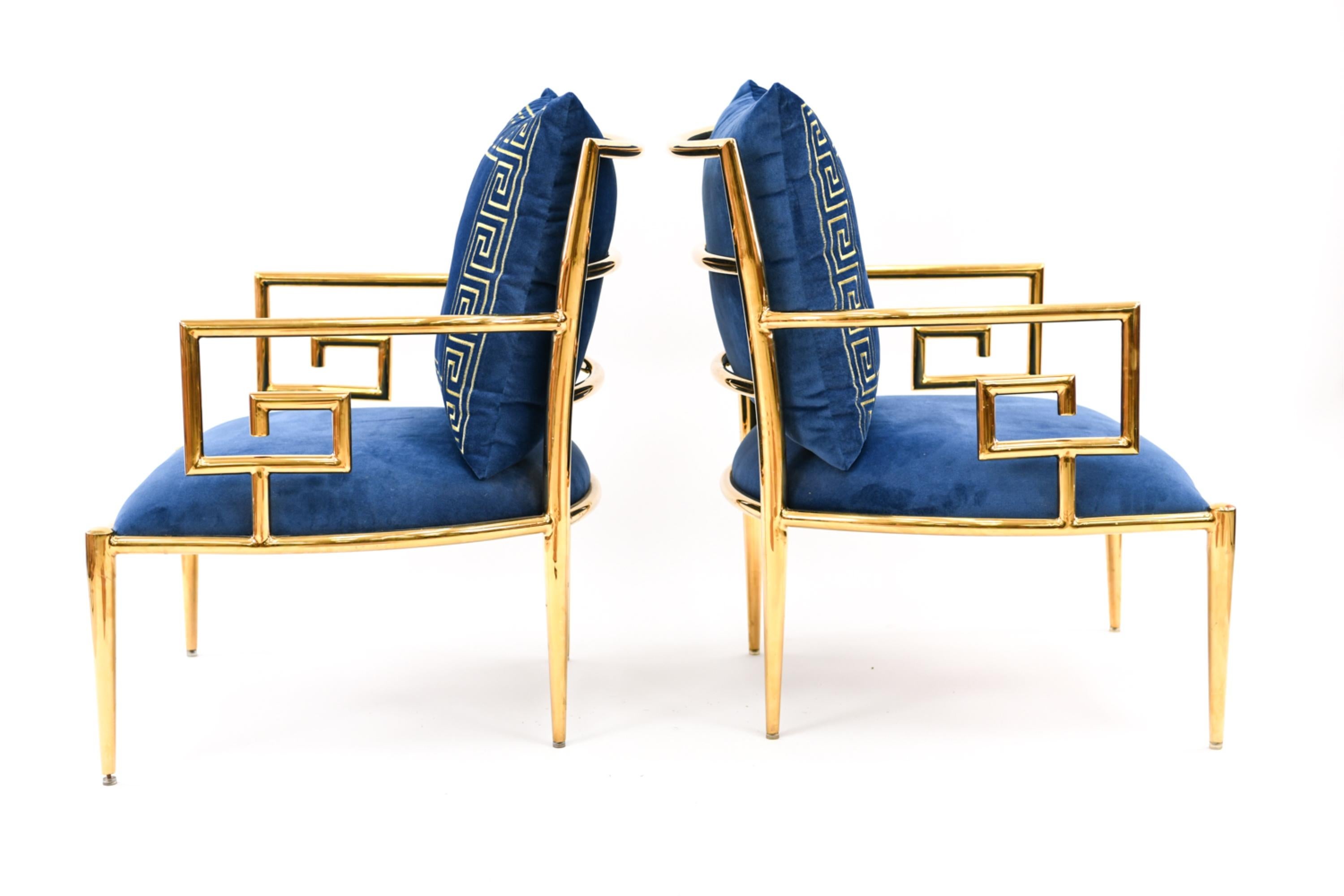 Velvet Pair of Mastercraft Polished Brass Greek Key Lounge Chairs, 1970s