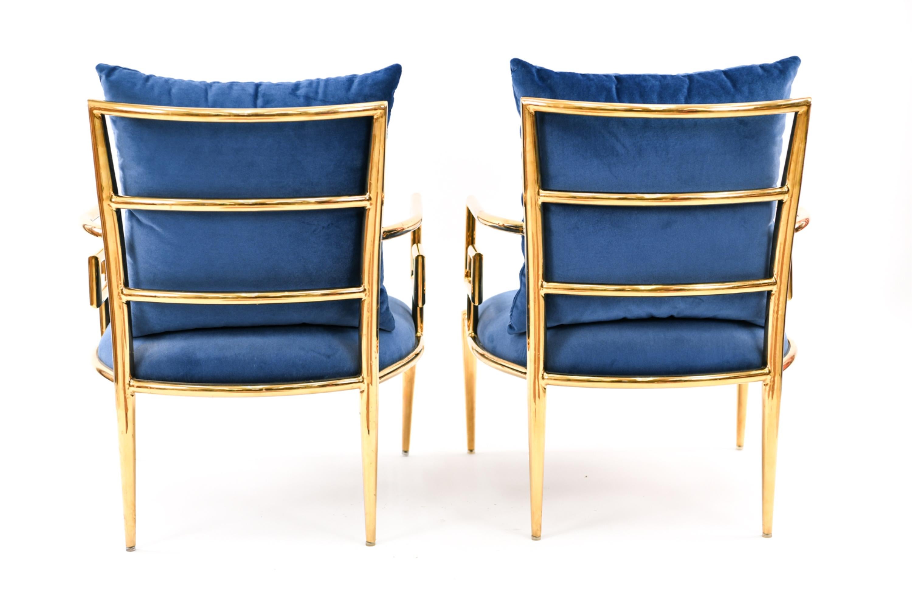 Pair of Mastercraft Polished Brass Greek Key Lounge Chairs, 1970s 1