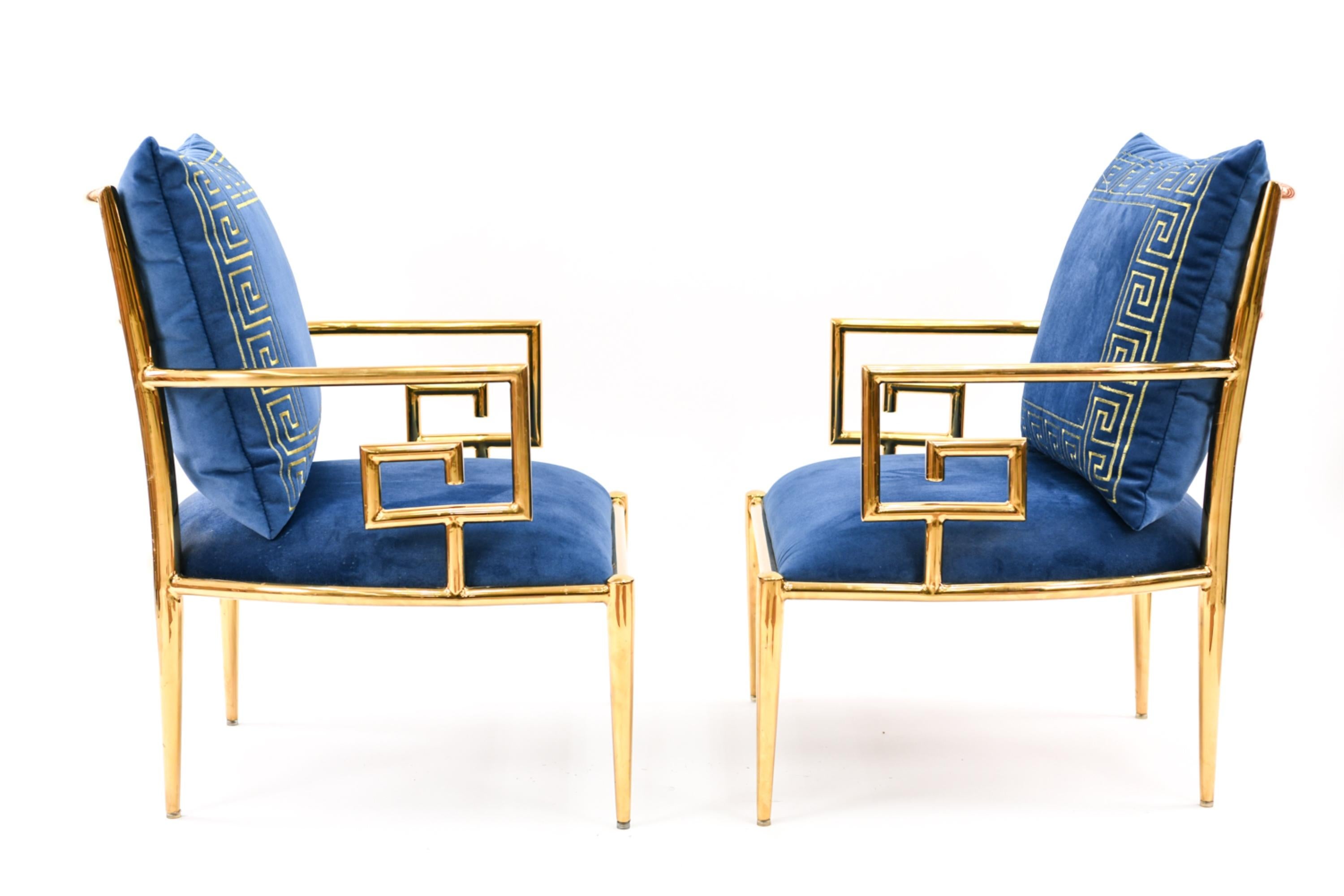 Pair of Mastercraft Polished Brass Greek Key Lounge Chairs, 1970s 2