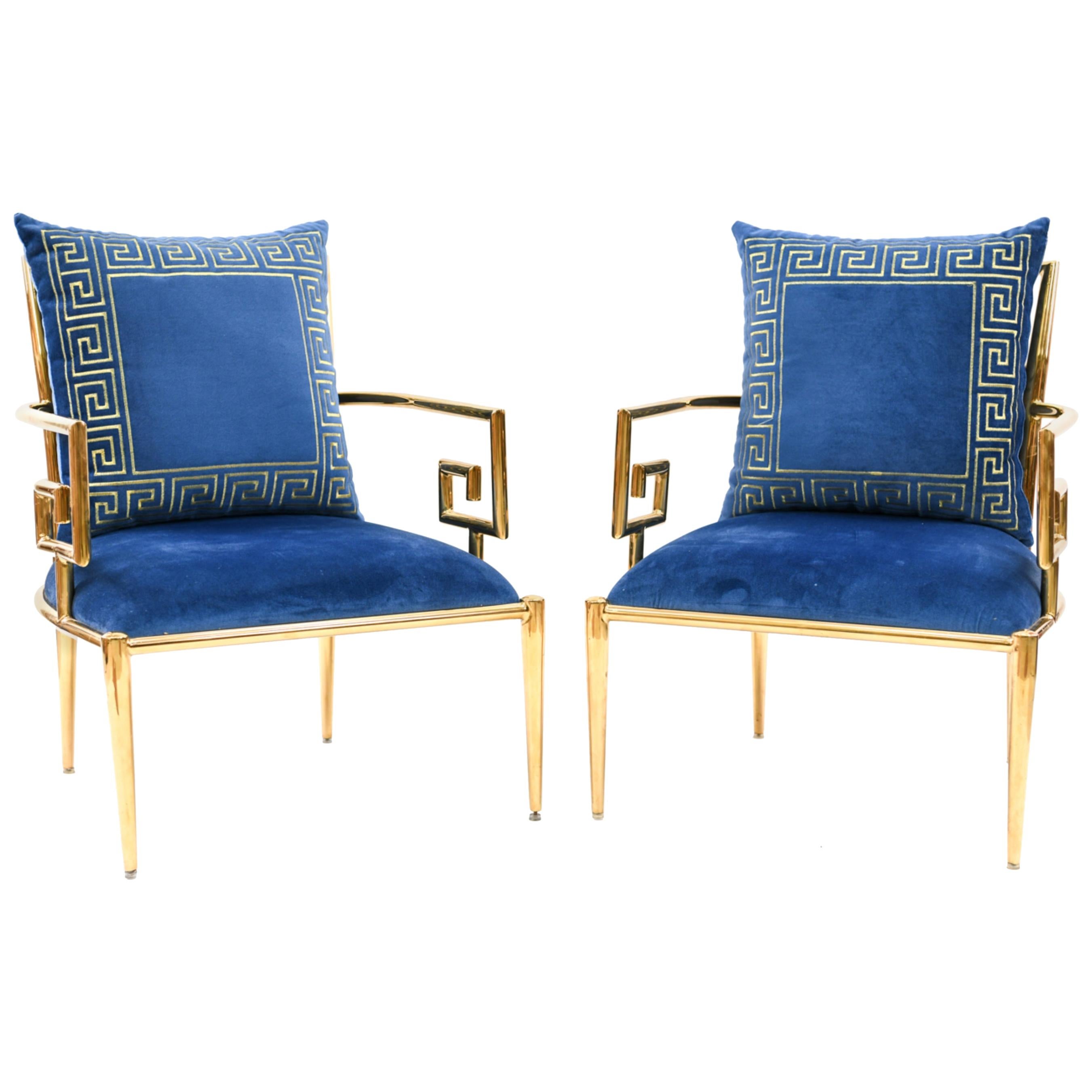 Pair of Mastercraft Polished Brass Greek Key Lounge Chairs, 1970s