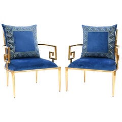 Pair of Mastercraft Polished Brass Greek Key Lounge Chairs, 1970s