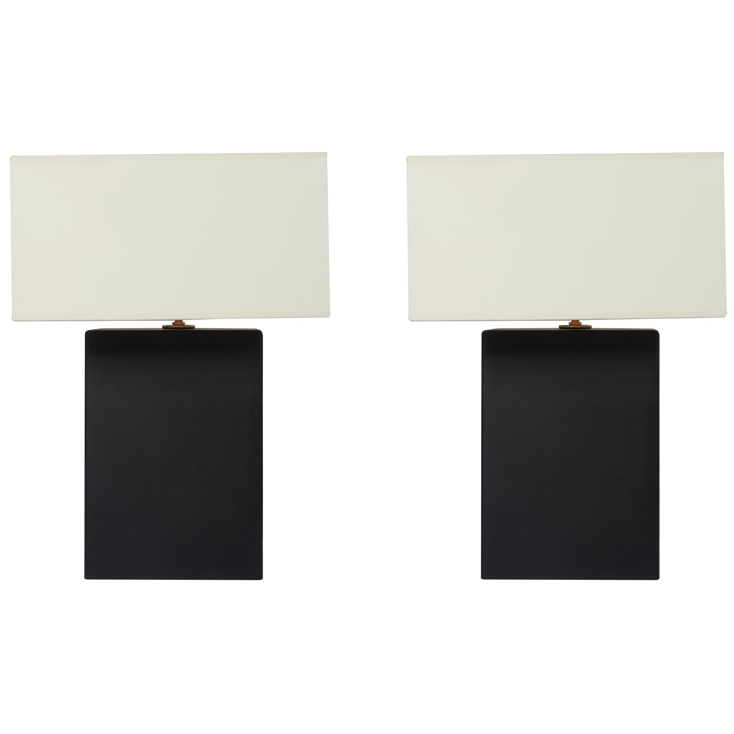 Pair of Mat Black Rectangle Table Lamps For Sale