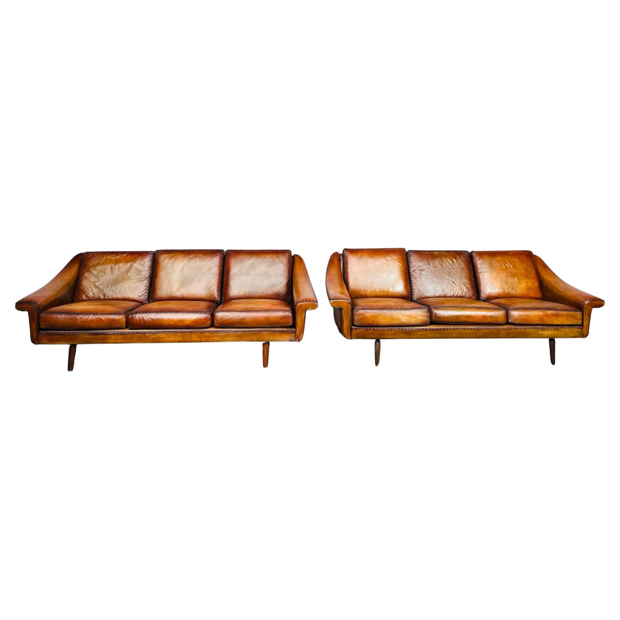 Pair Of Matador Leather 3 Seater Sofa by Aage Christiansen for Eran 1960s #642 For Sale