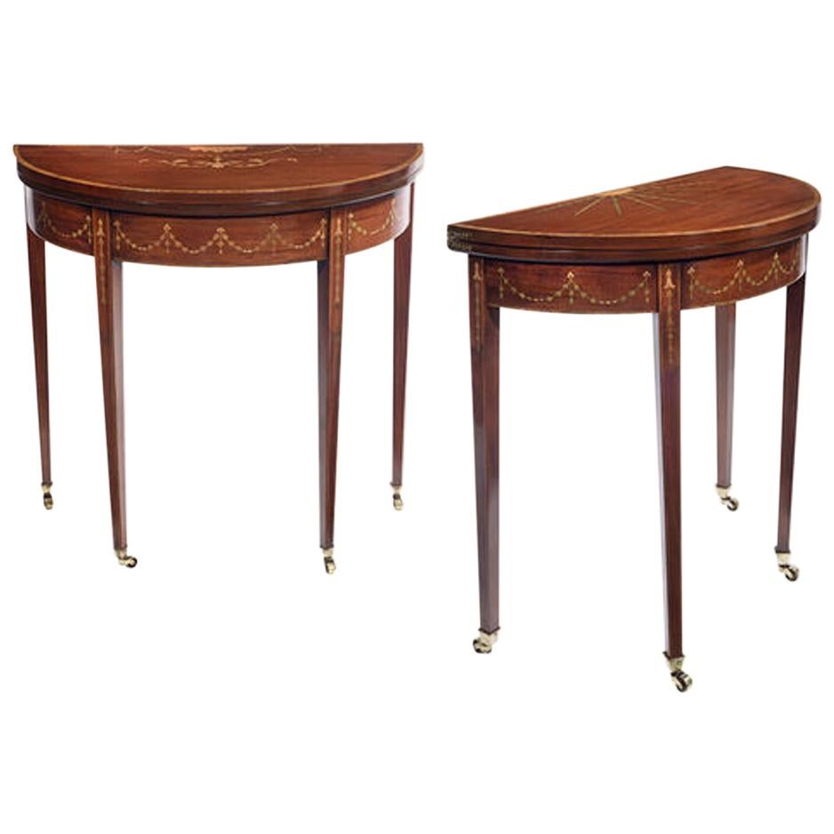 Pair of Matched Edwardian Mahogany & Satinwood Inlaid Card Tables For Sale