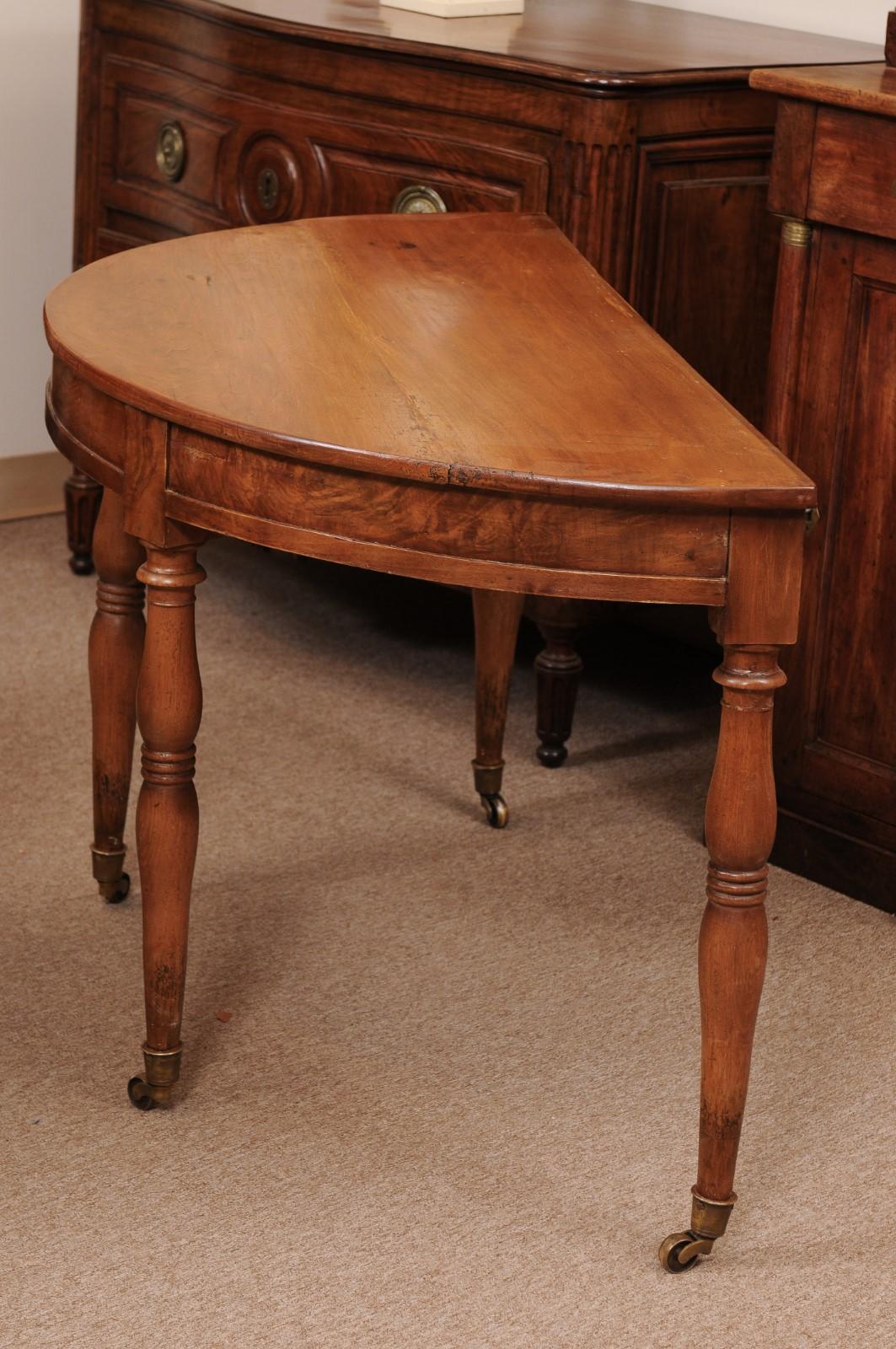 Pair of Matched French Louis Philippe Walnut Demilune Console Tables For Sale 6