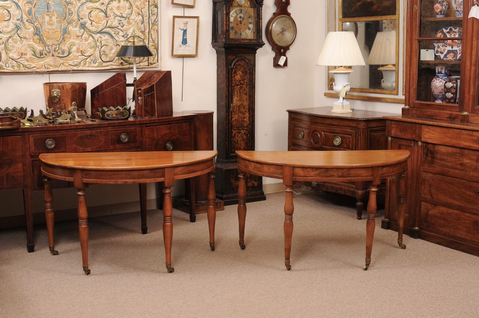 Pair of Matched French Louis Philippe Walnut Demilune Console Tables For Sale 8