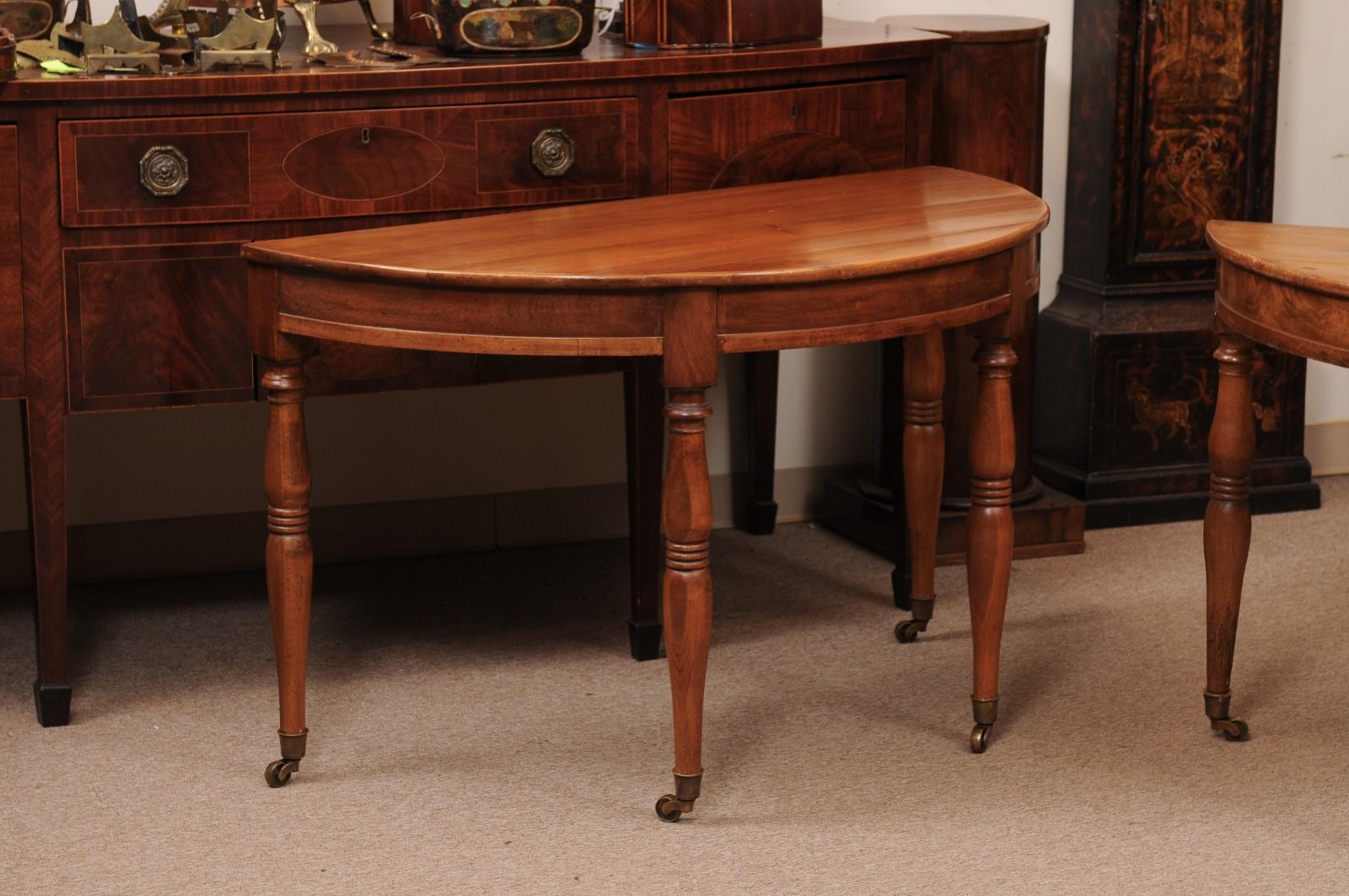 Pair of Matched French Louis Philippe Walnut Demilune Console Tables, 19th Century & Later