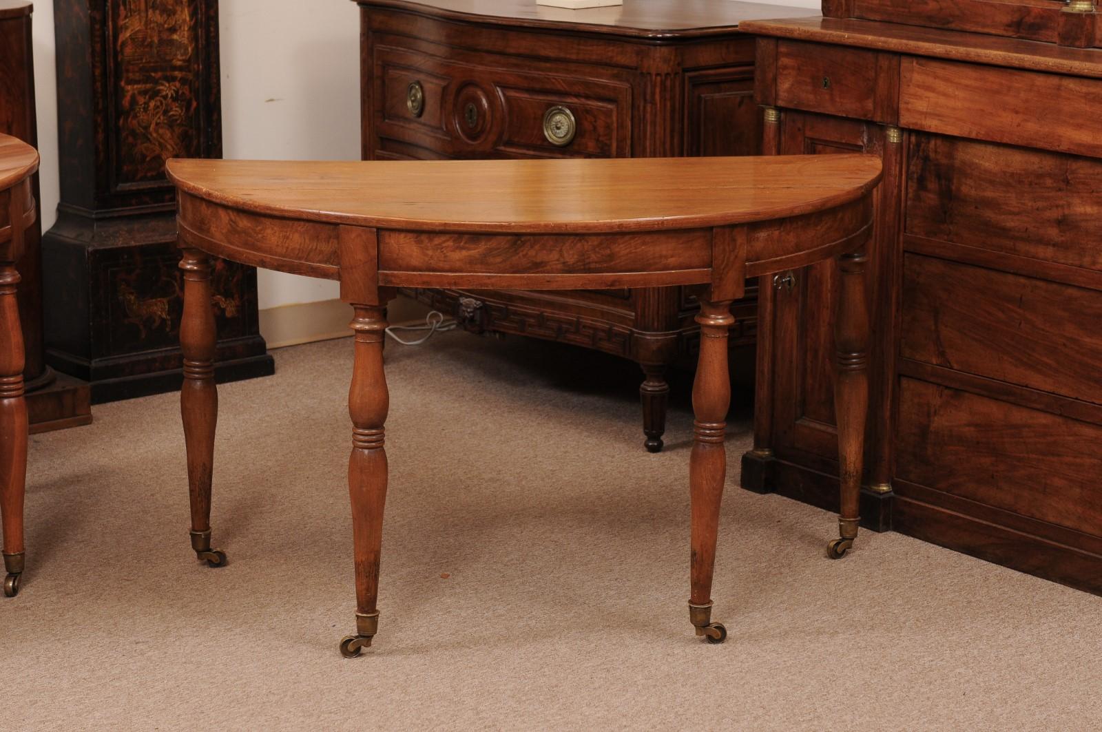 Pair of Matched French Louis Philippe Walnut Demilune Console Tables In Fair Condition For Sale In Atlanta, GA