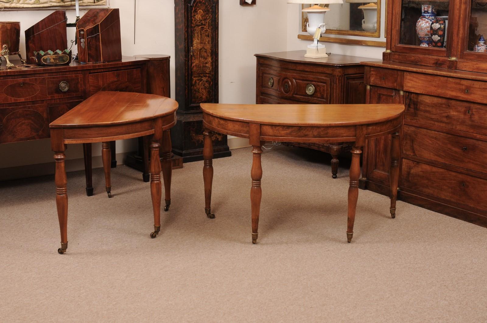 19th Century Pair of Matched French Louis Philippe Walnut Demilune Console Tables For Sale