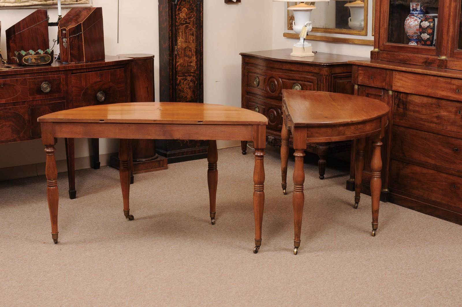 Pair of Matched French Louis Philippe Walnut Demilune Console Tables For Sale 1