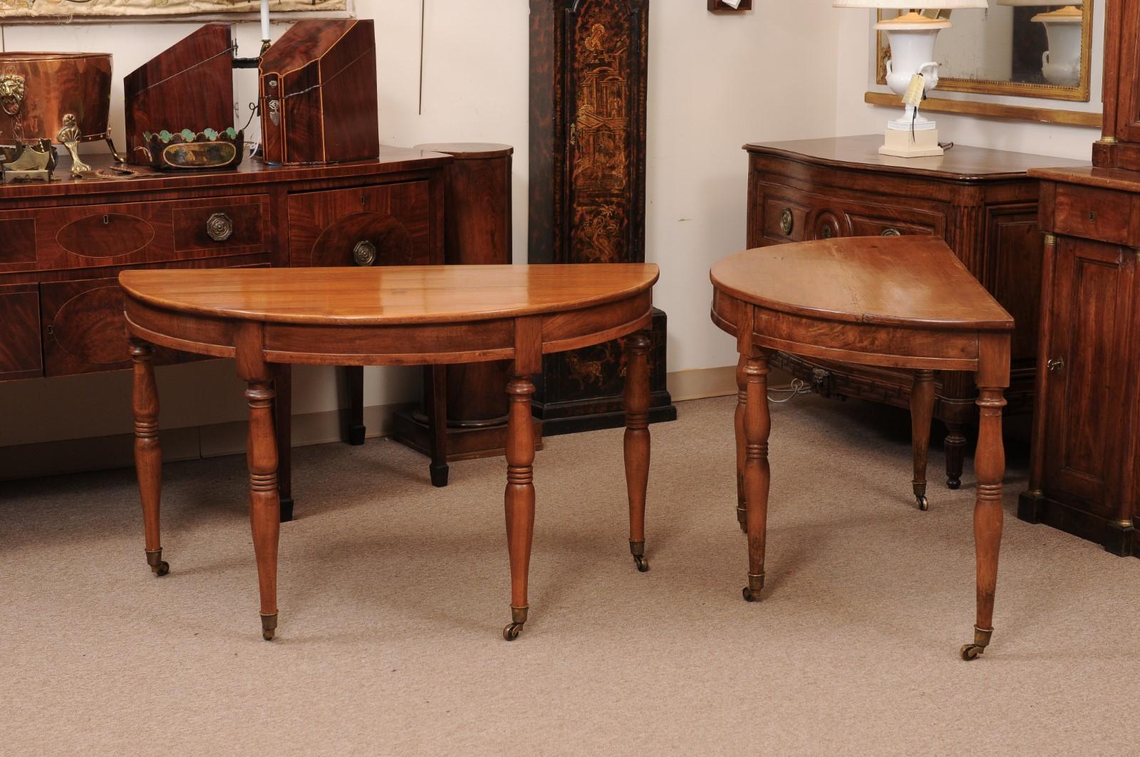 Pair of Matched French Louis Philippe Walnut Demilune Console Tables For Sale 5